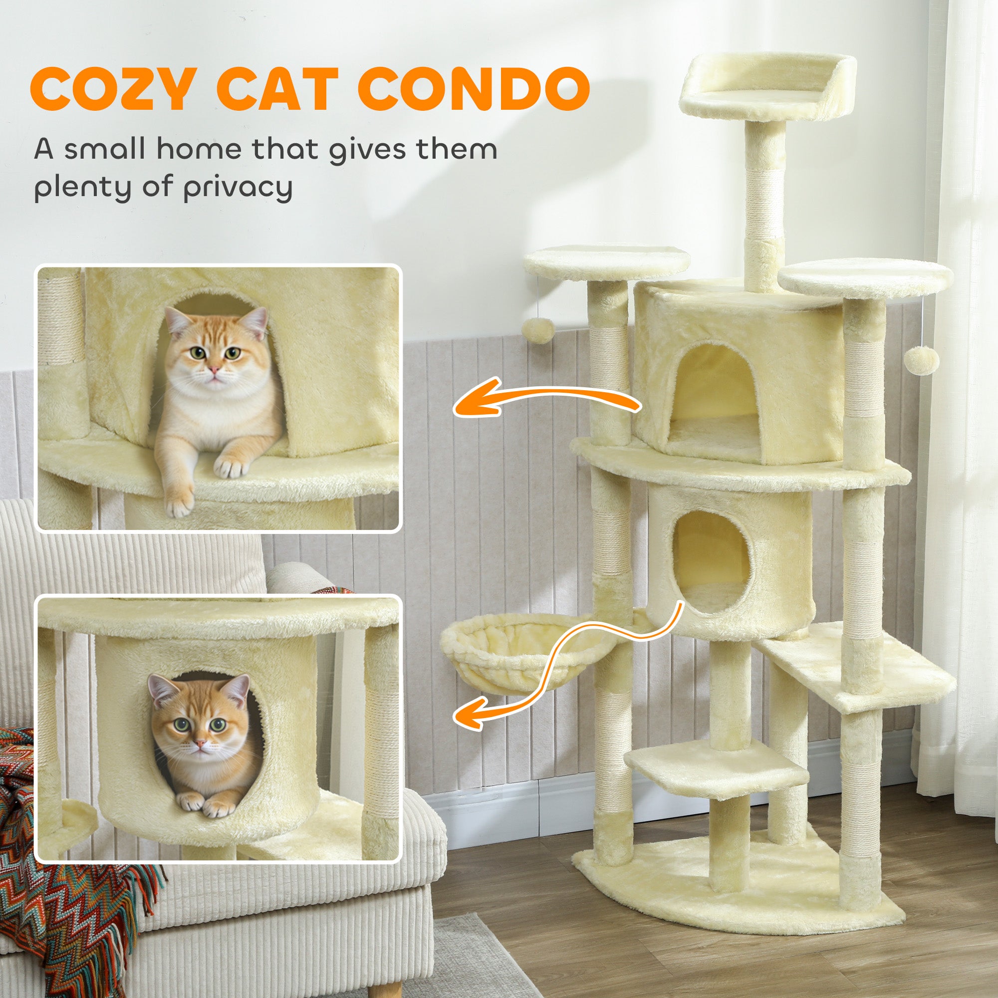 62" Cat Tree with Scratching Post, 2 Condos, Hammock, Perches, Plush, Pompoms, for Indoor Cats, Beige