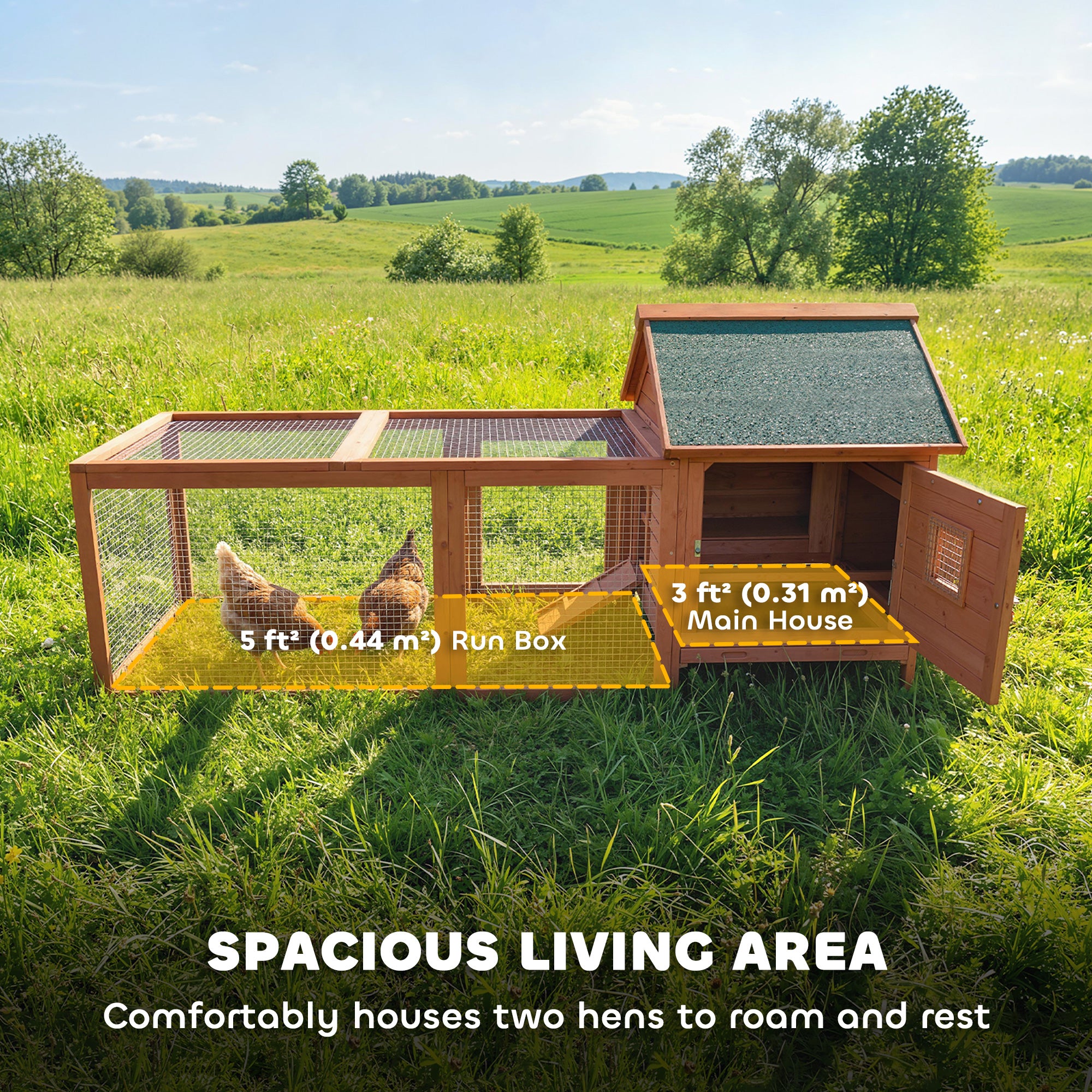72" Chicken Coop, Wooden Hen House for 2 Chickens, Poultry Cage with Run, Nesting Box, Removable Tray, Waterproof Roof