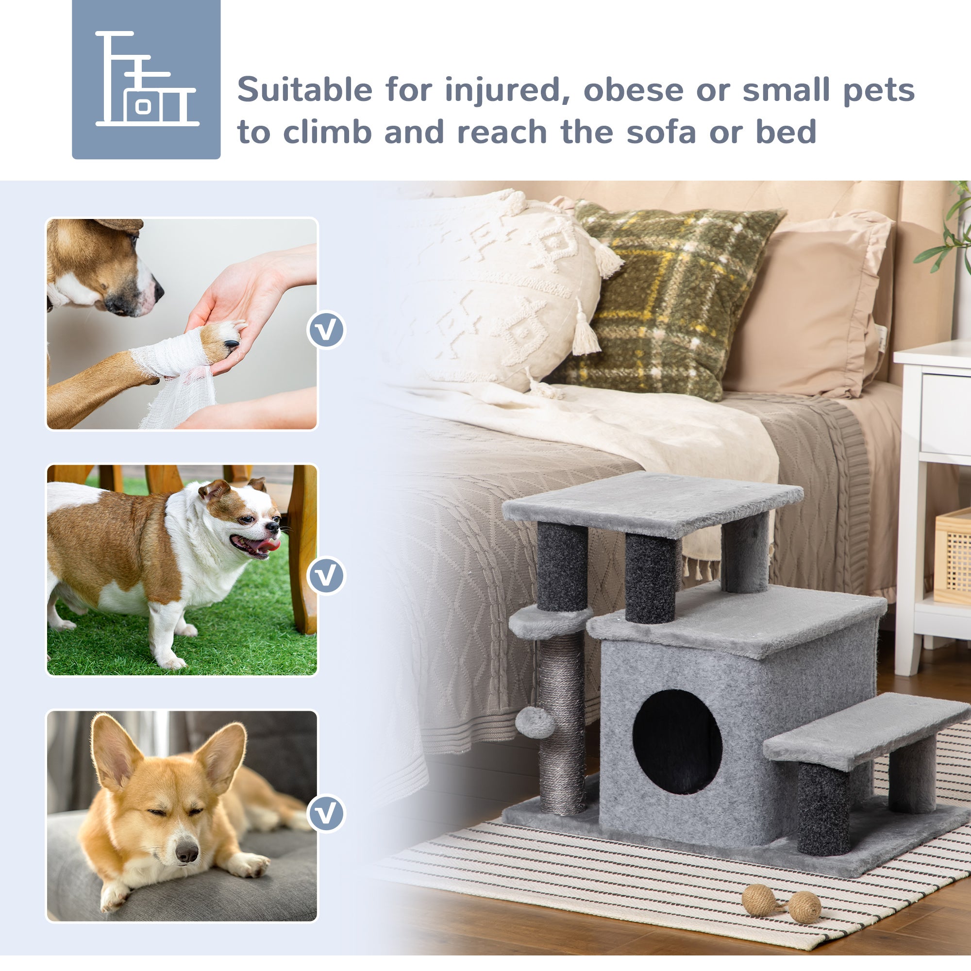 Cat Stairs Pet Steps for Couch Bed with Scratching Posts Condo Ball Toy, 23.6" x 15.7" x 26", Grey