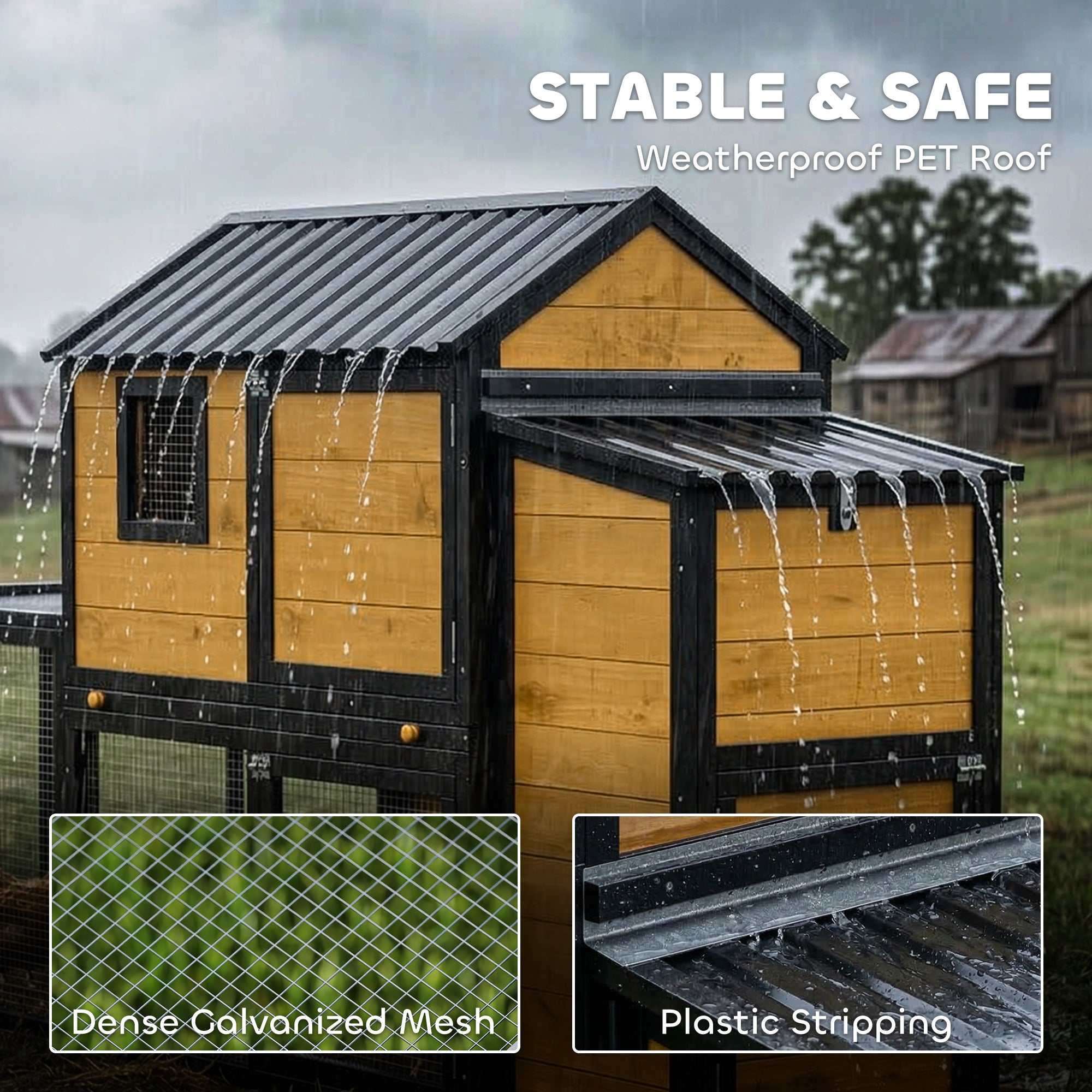 Large Chicken Coop, 134"L Wooden Chicken House with Run, Nesting Box, Slide-Out Tray, Waterproof Roof and Ramp