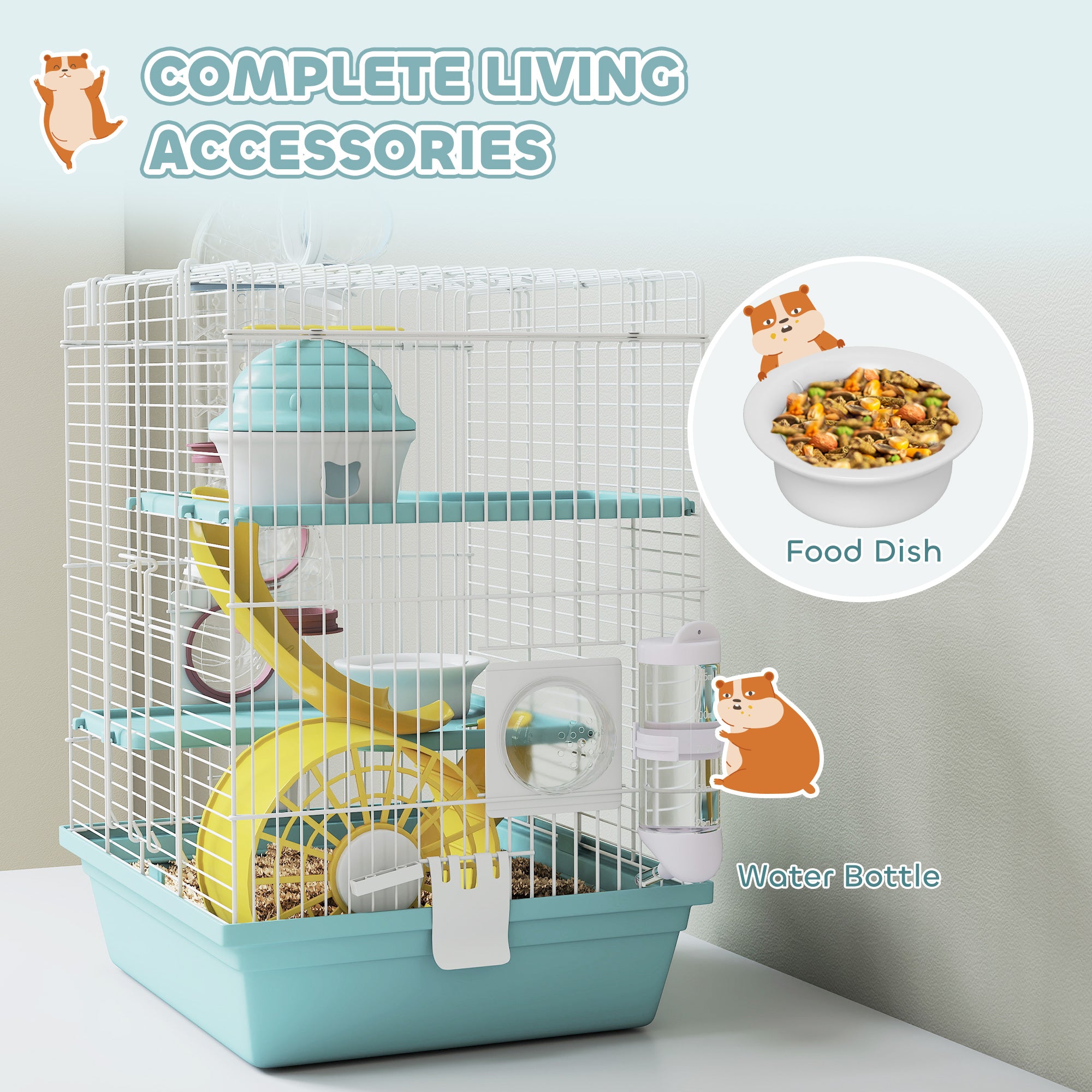 3-Level Hamster Cage with Exercise Wheel, Play Tube, Water Bottle, Food Dish, Hut, Ladder, Blue