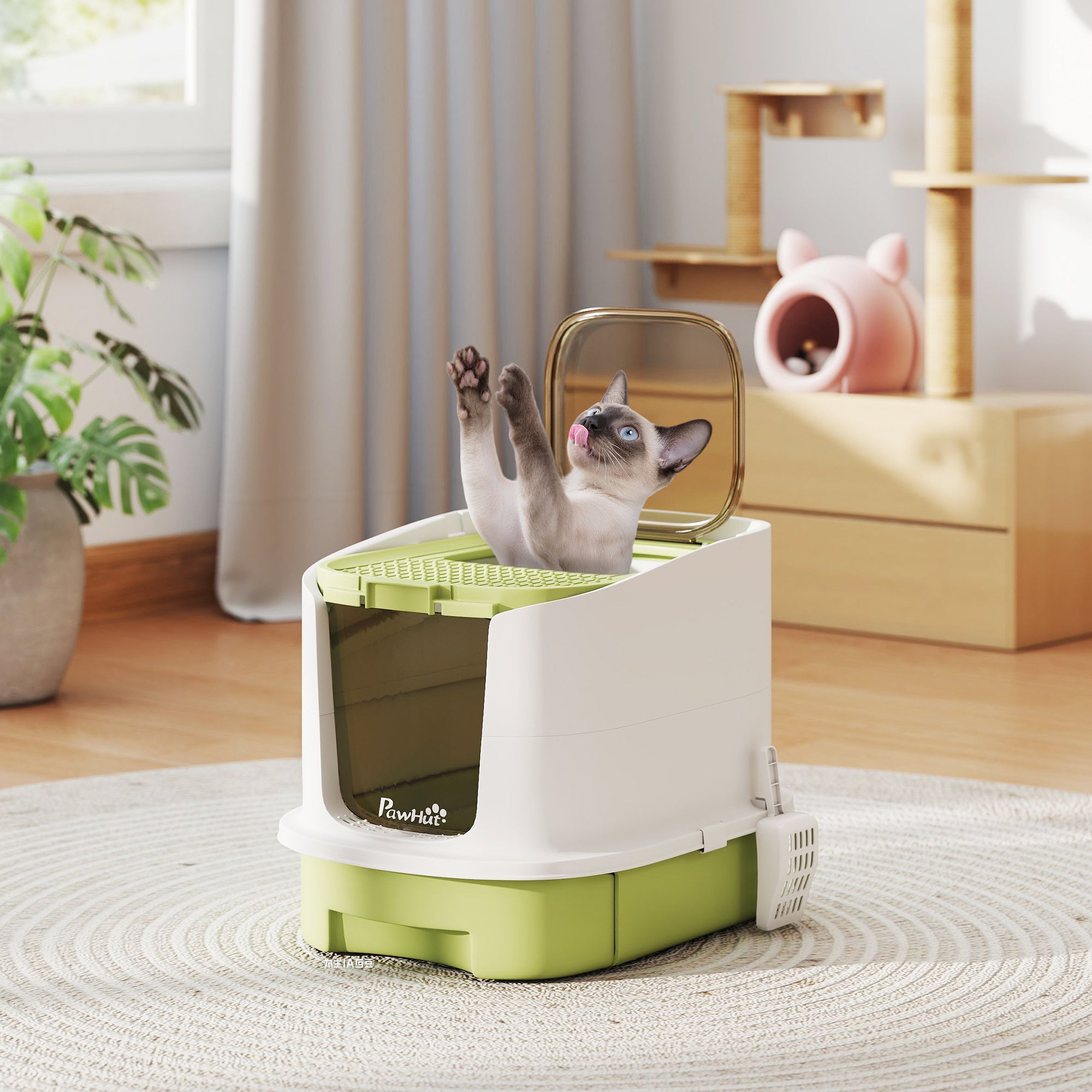 Enclosed Cat Litter Box with Lid, Scoop, Top Entry, Deodorization Bags, Drawer Type Cat Litter Tray, Easy to Clean, Green