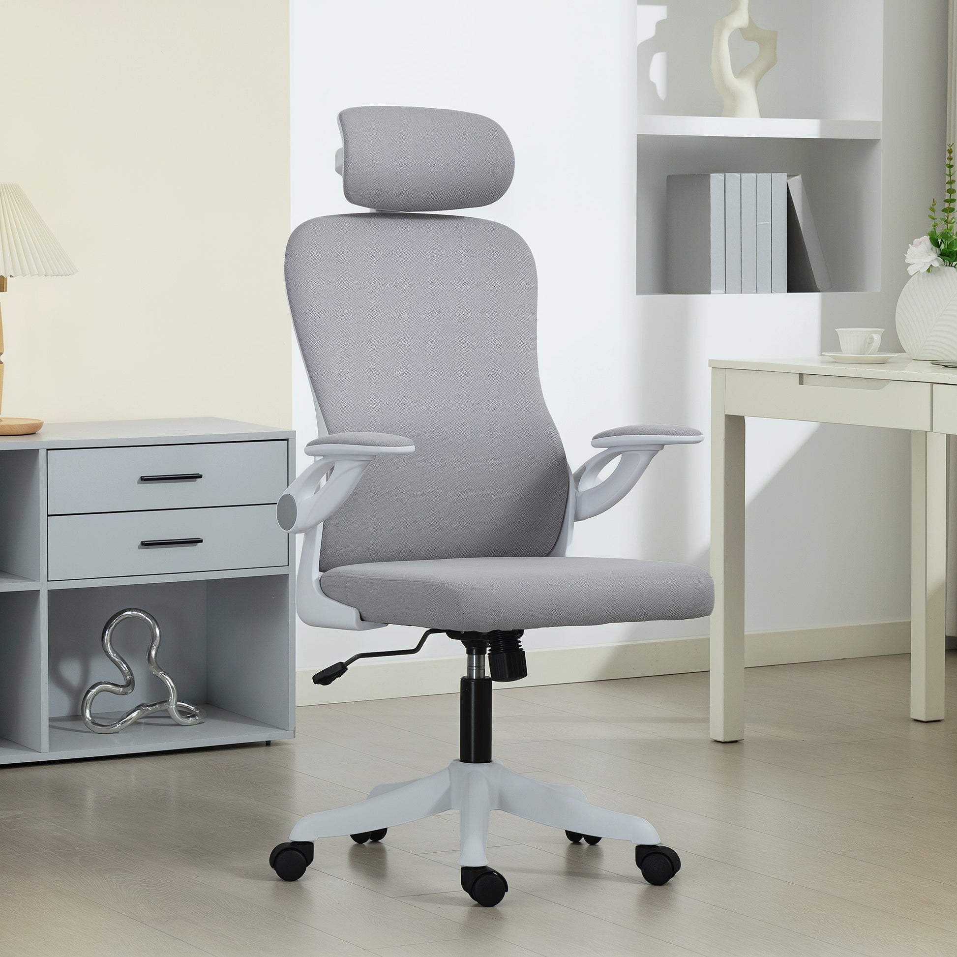 Ergonomic Office Chair, Swivel Desk Chair with Adjustable Lumbar Support, Headrest and Height, Flip-up Armrests, Grey-Office Products > Office Furniture > Office Chairs > Task Chairs-DECOROLALA