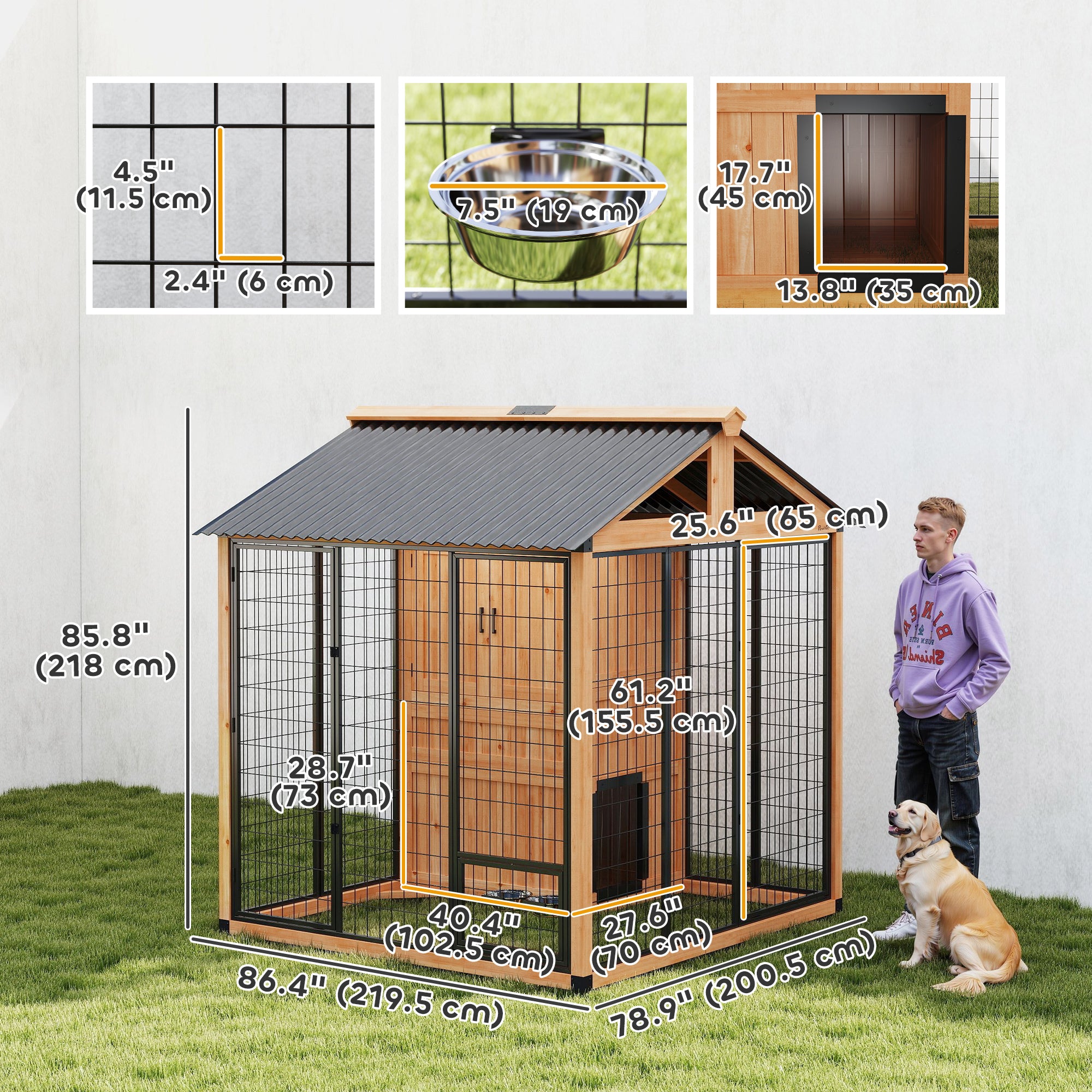 86" L Dog House Outdoor, Wooden Dog Kennel with Storage Cabinet, Stainless Steel Bowls for Large Breeds, Yellow