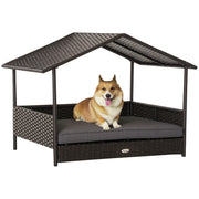 Rattan Dog House with Canopy, Wicker Dog Bed with Water-Resistant Cushion, for Small and Medium Breeds Grey