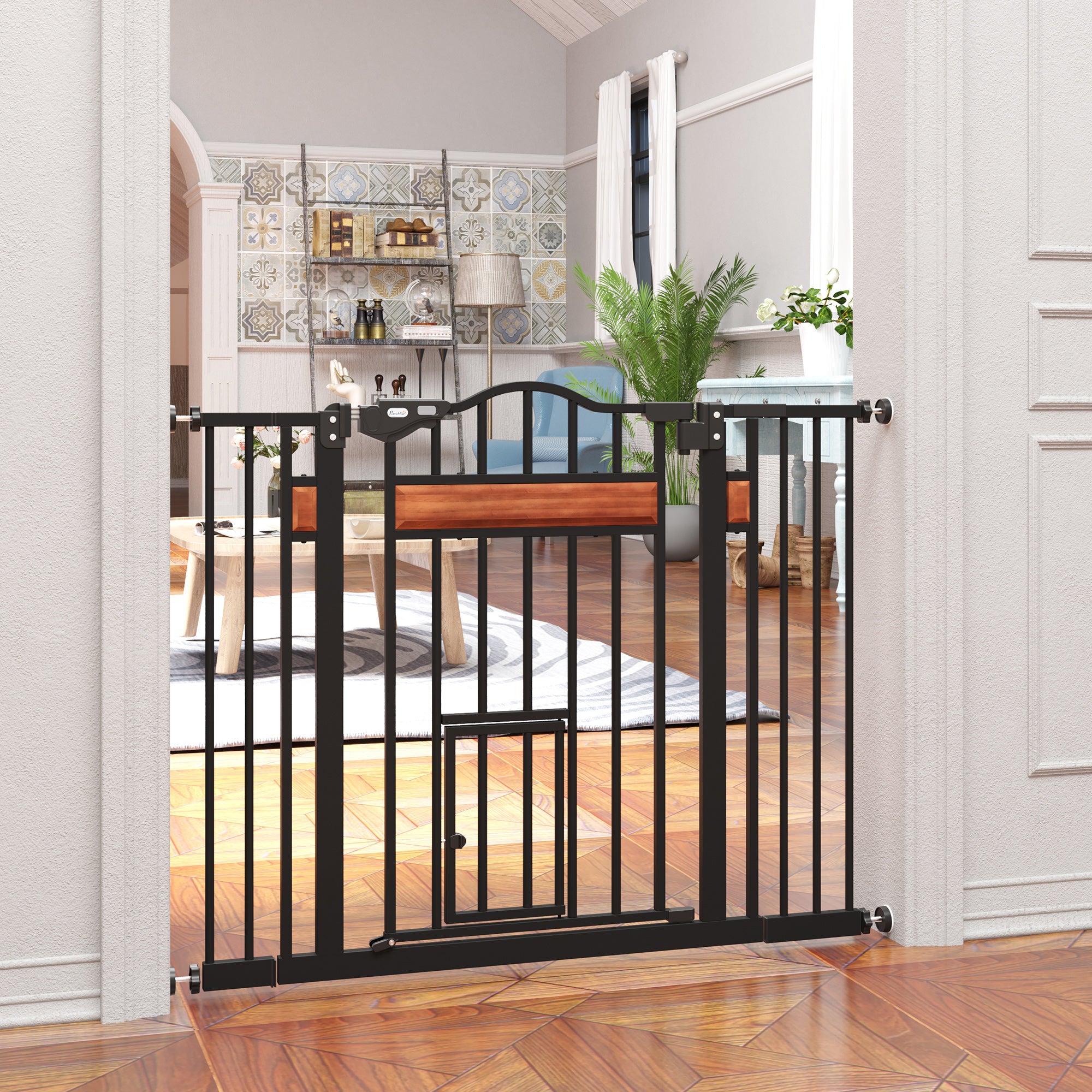 Barrière pour chien extra-large de 29,1'' à 41,3'' avec porte pour chat, fixation par pression pour escaliers, fermeture automatique, double verrouillage, pour portes et couloirs