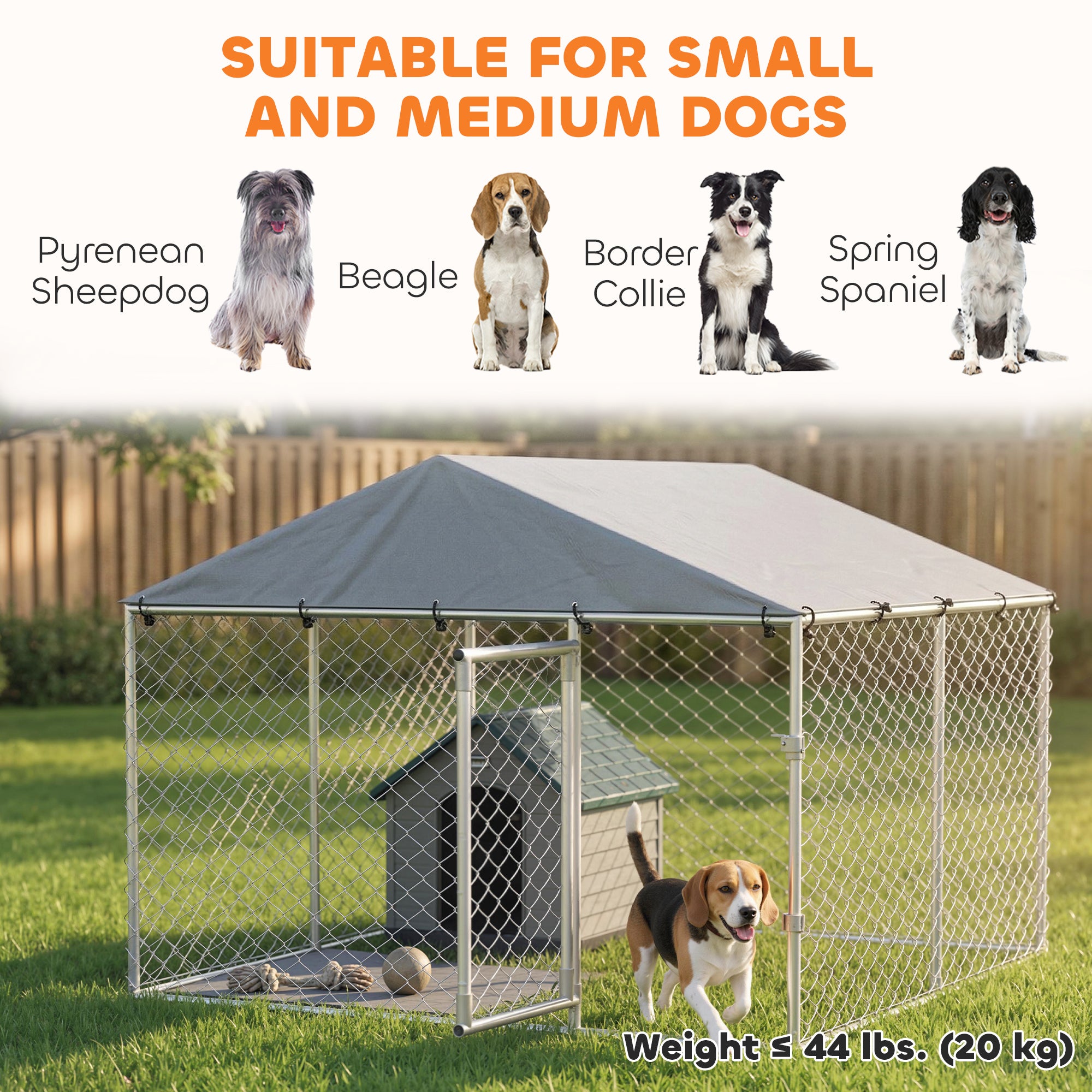 7.5' x 7.5' x 5.6' Outdoor Dog Kennel Heavy Duty Galvanized Steel Chain Link with UV-resistant Roof, Silver