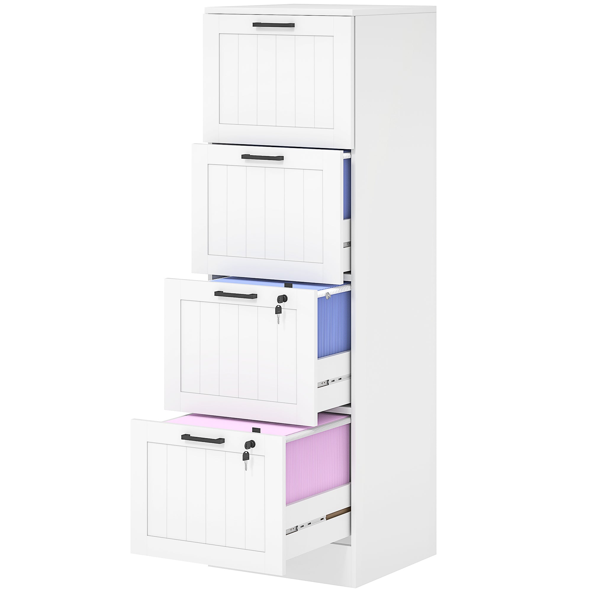 4-Drawer Locking Filing Cabinet - White MDF Office Storage