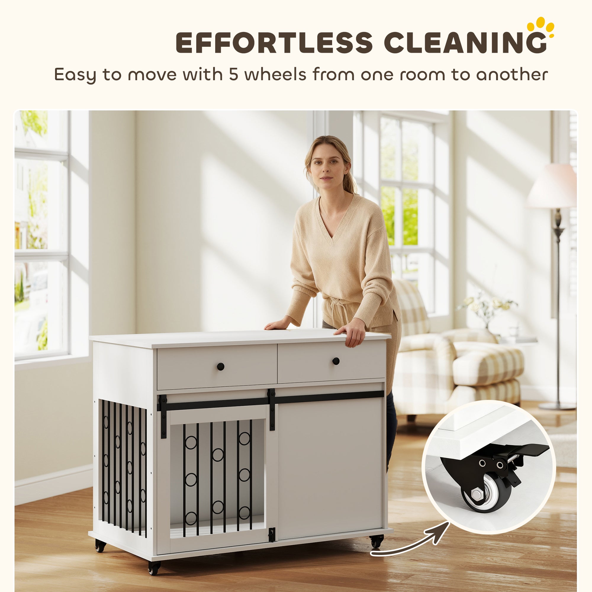 39" Dog Crate Furniture, Dog Kennel Indoor with 2 Drawers, Wheels, Sliding Door, Dog Cage for Medium Large Dogs, Oak