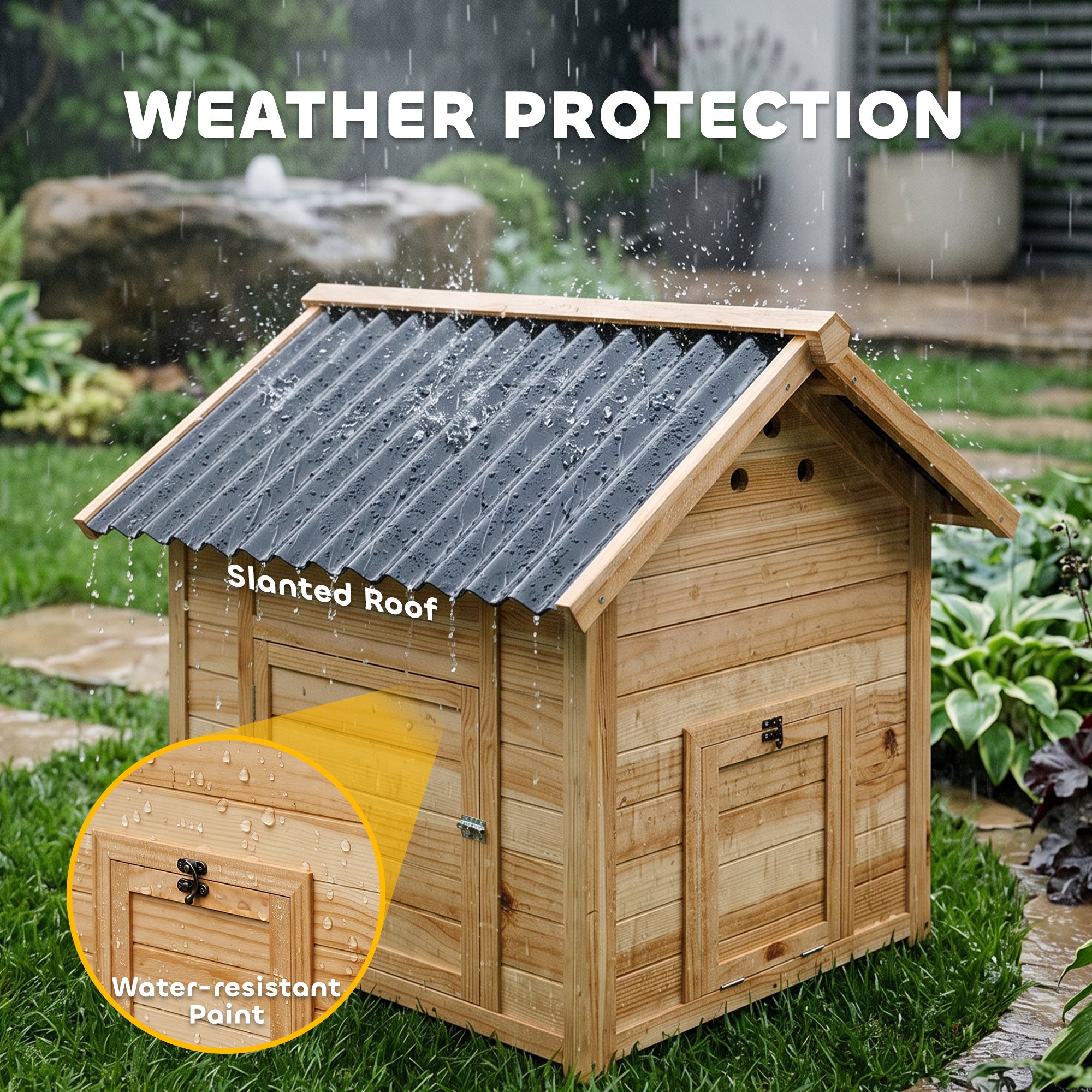 Duck Coop, Wooden Duck House with Openable Roof & Double Doors, Natural Wood