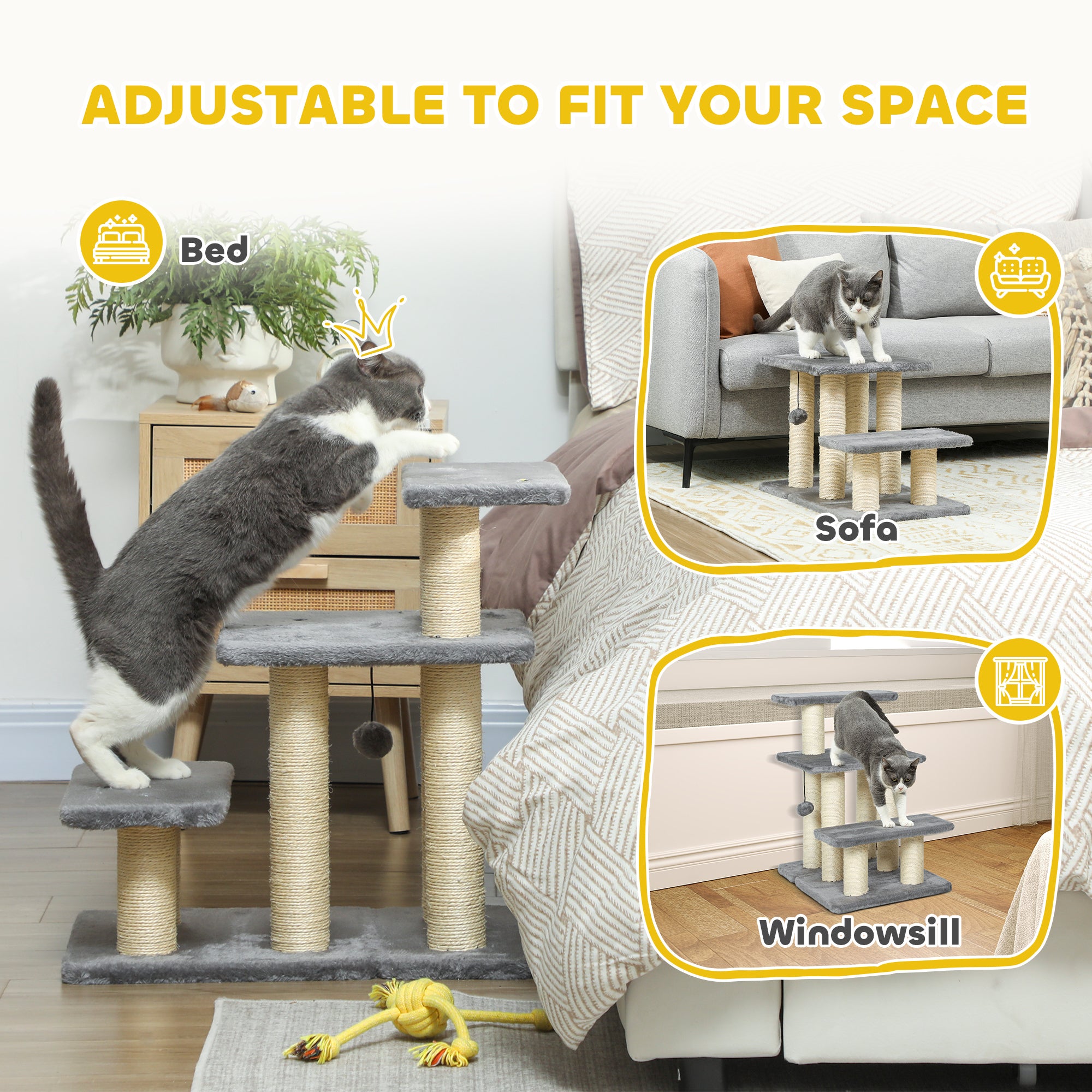 Cat Stairs with 2 Sisal Scratching Post for High Bed Couch, Adjustable 3-Tier Pet Stairs, White & Grey