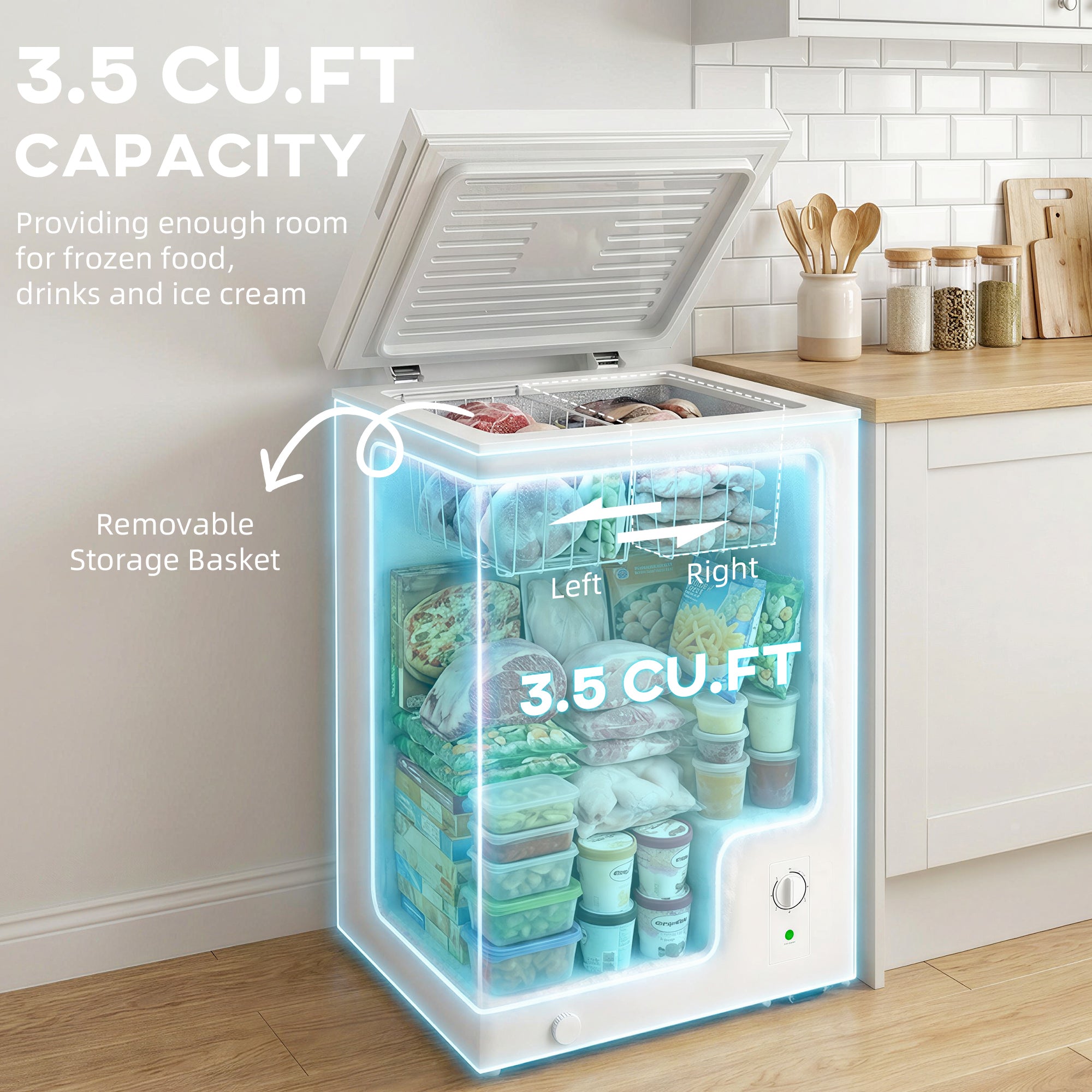Mini-congélateur, congélateur coffre de 3,5 pi³ avec thermostat réglable à 5 positions, panier métallique, fonctionnement silencieux, blanc