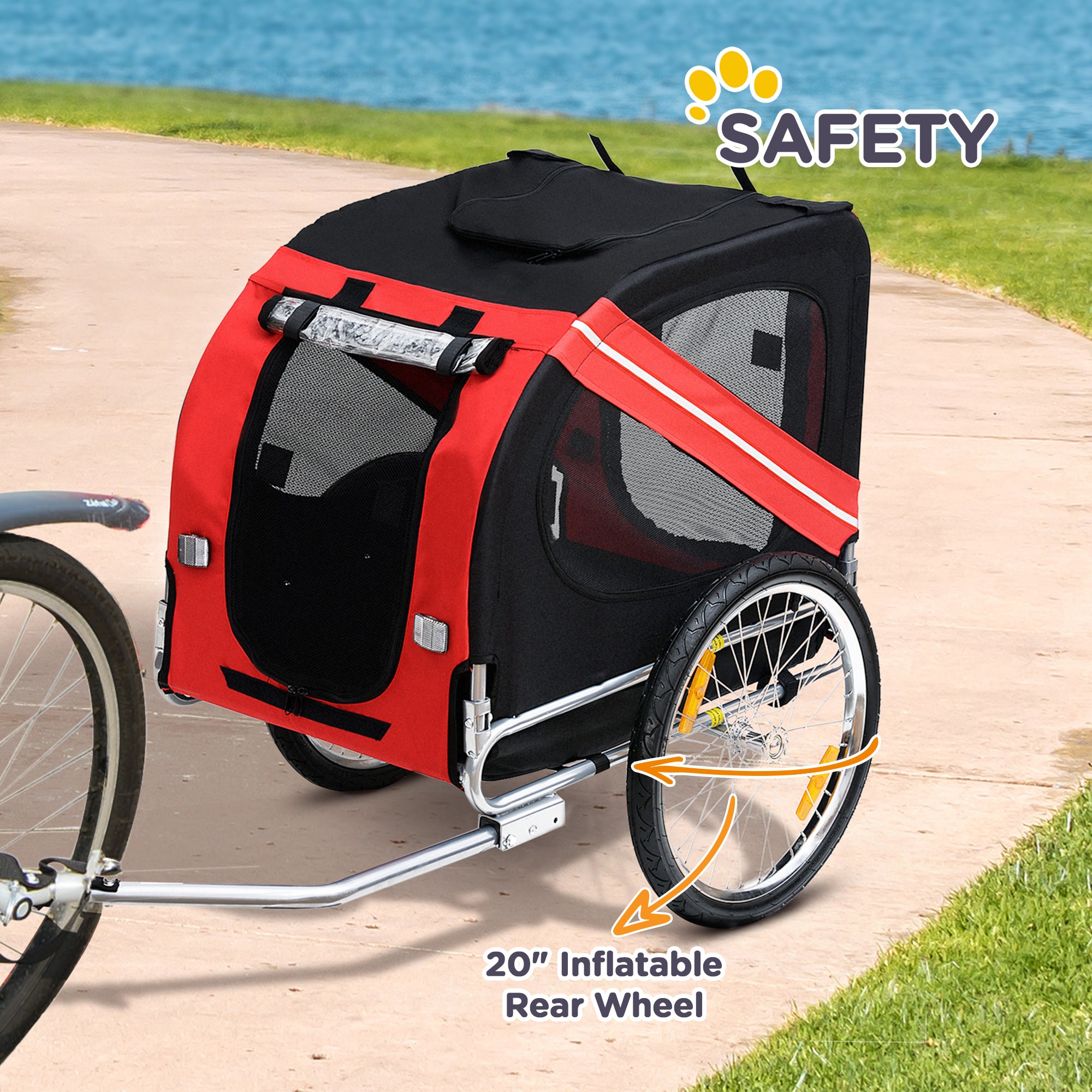 Dog Bike Trailer Pet Cart Bicycle Wagon Cargo Carrier Attachment for Travel Foldable - Red/ Black