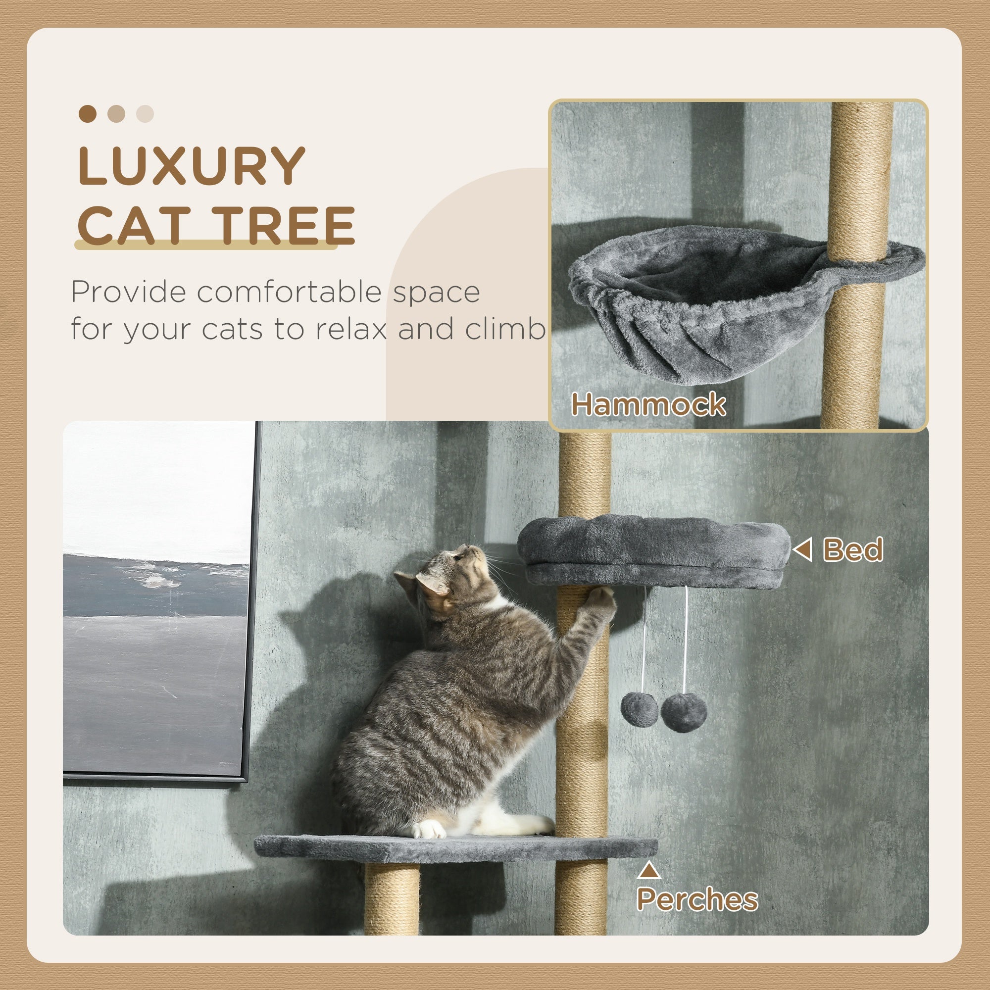 Floor to Ceiling Cat Tree, 90.5" - 98.5" Cat Tower with Scratching Post, Dangling Balls, Platforms, Bed, Hammock, Grey