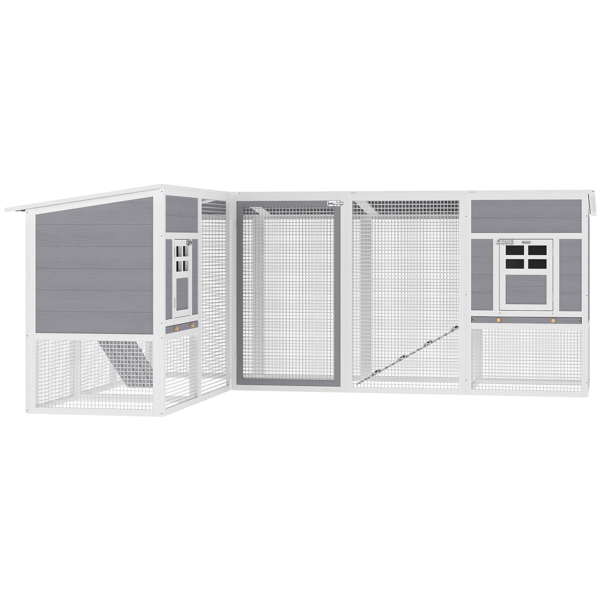 Chicken Coop with Run, L-Shaped Wooden Chicken House with 2 Houses, Outdoor Hen House with Waterproof Roof and Ramps