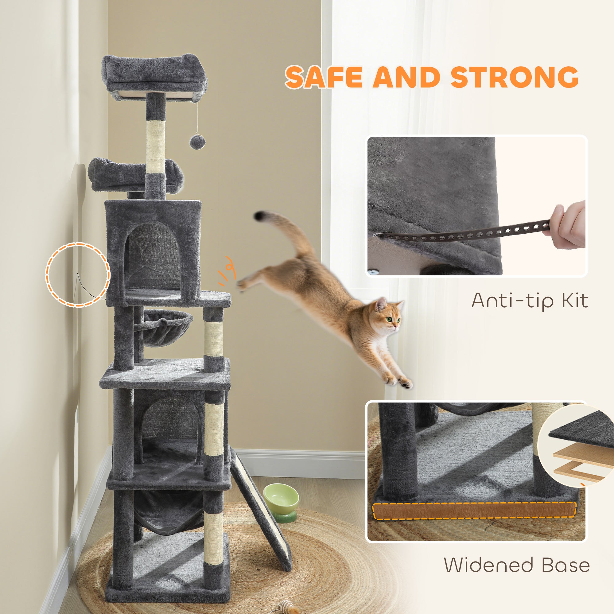Cat Tree, 70" Multi-Level Cat Tower with 2 Condos, 2 Perches, Hammock, Toy Balls, Scratching Posts and Board, Dark Grey