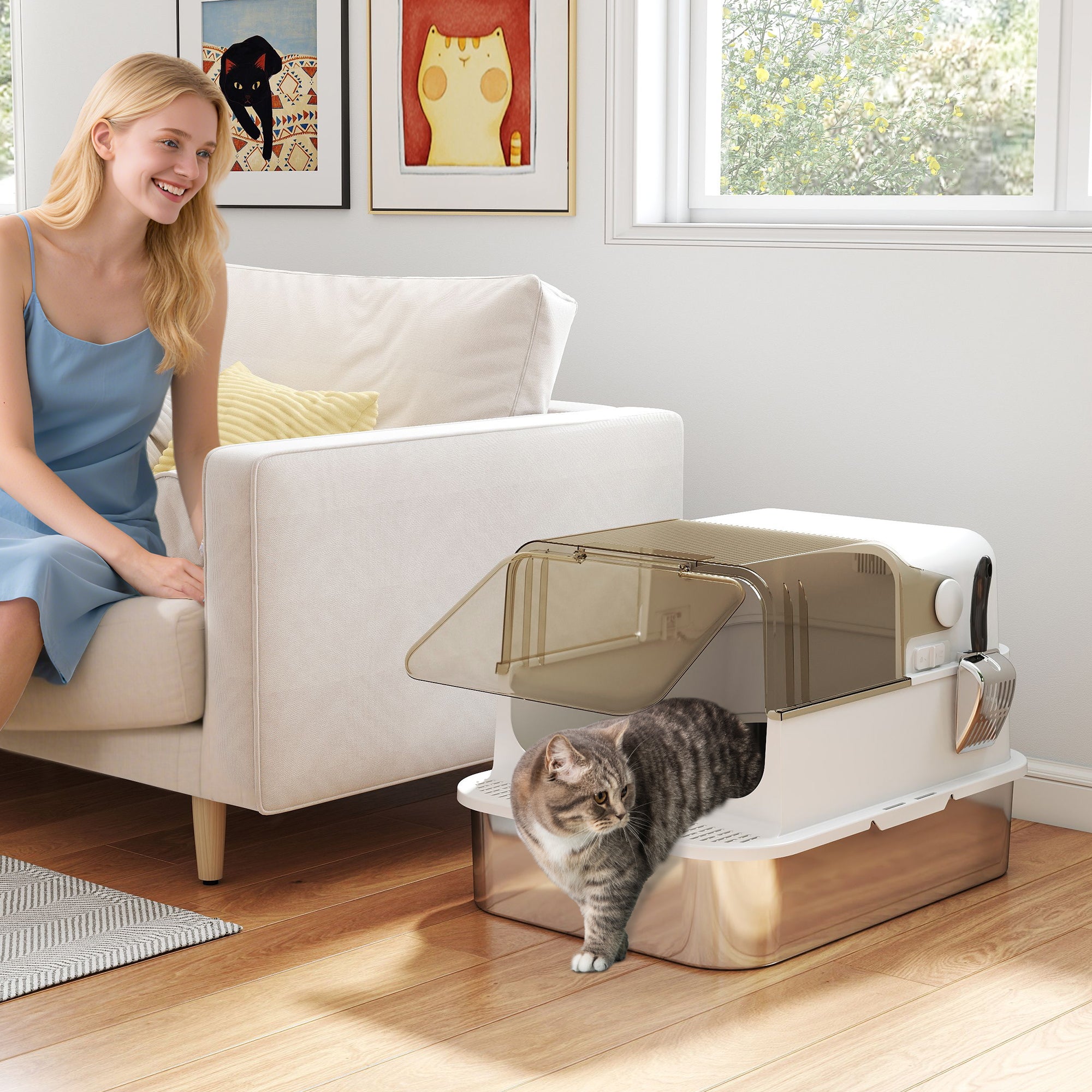 Stainless Steel Cat Litter Box, Easy-Clean Enclosure with Scoop & Flip Lid, 27.6" L x 19.7" W x 18.3" H, White