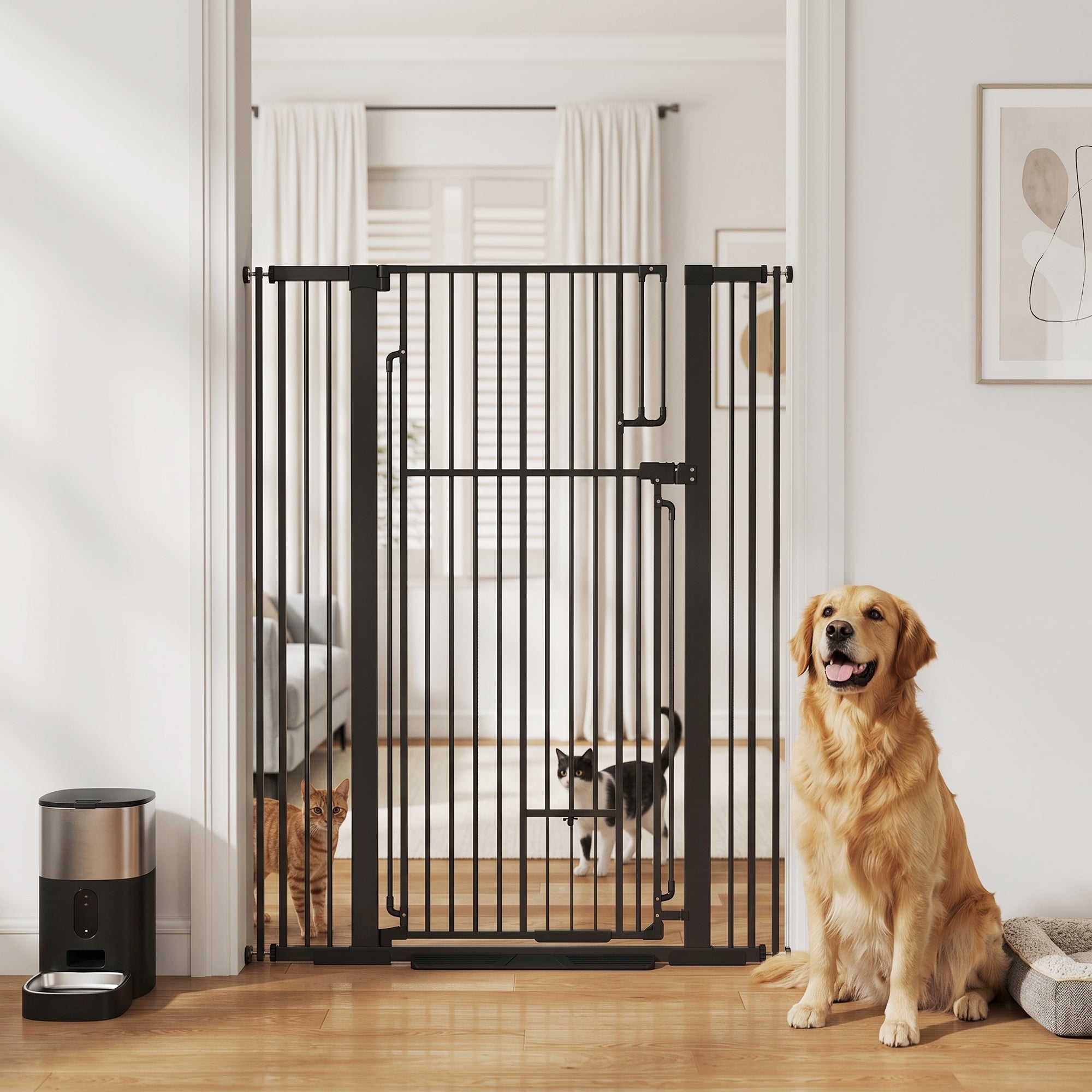 53.1" Tall Dog Gate with Cat Door, 32"-42.5" Wide Adjustable Pressure Mounted for Doorways, Hallways, No Drilling, Black