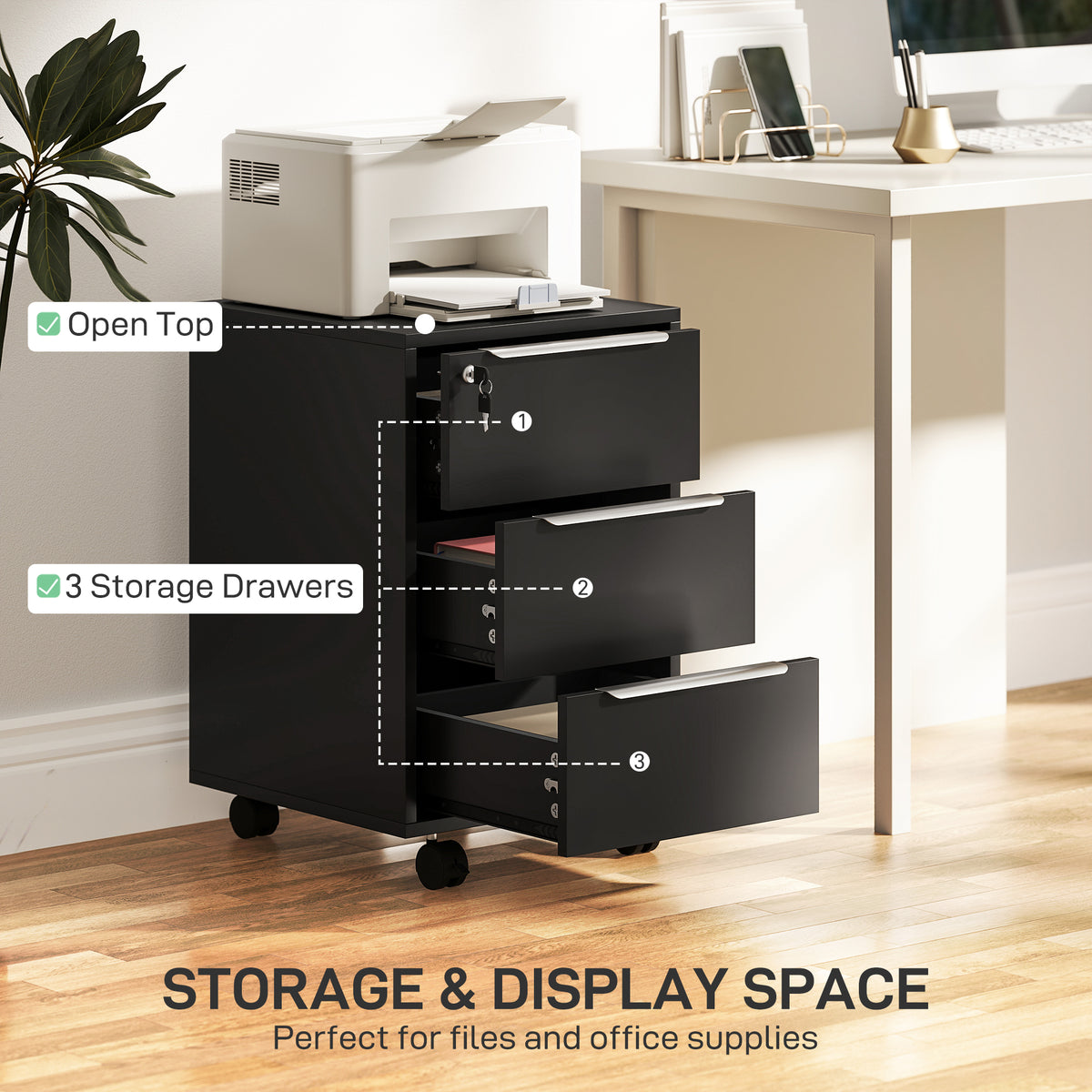 3-Drawer Mobile File Cabinet with Lock - Black 25" Vertical