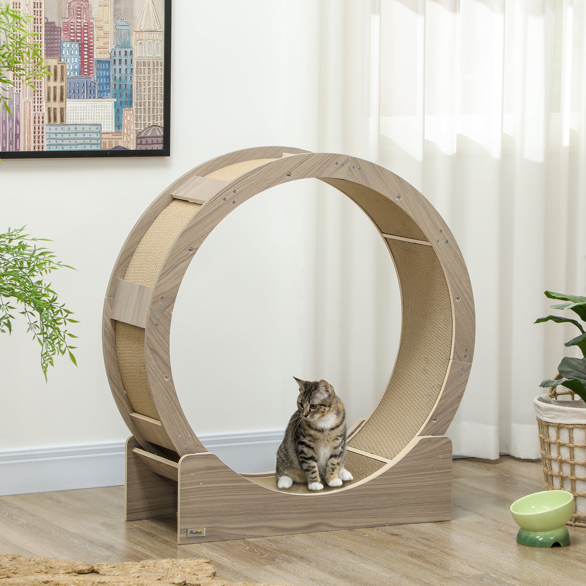 36" Cat Wheel for Indoor Cats with Brake, Scratching Pads, Walnut