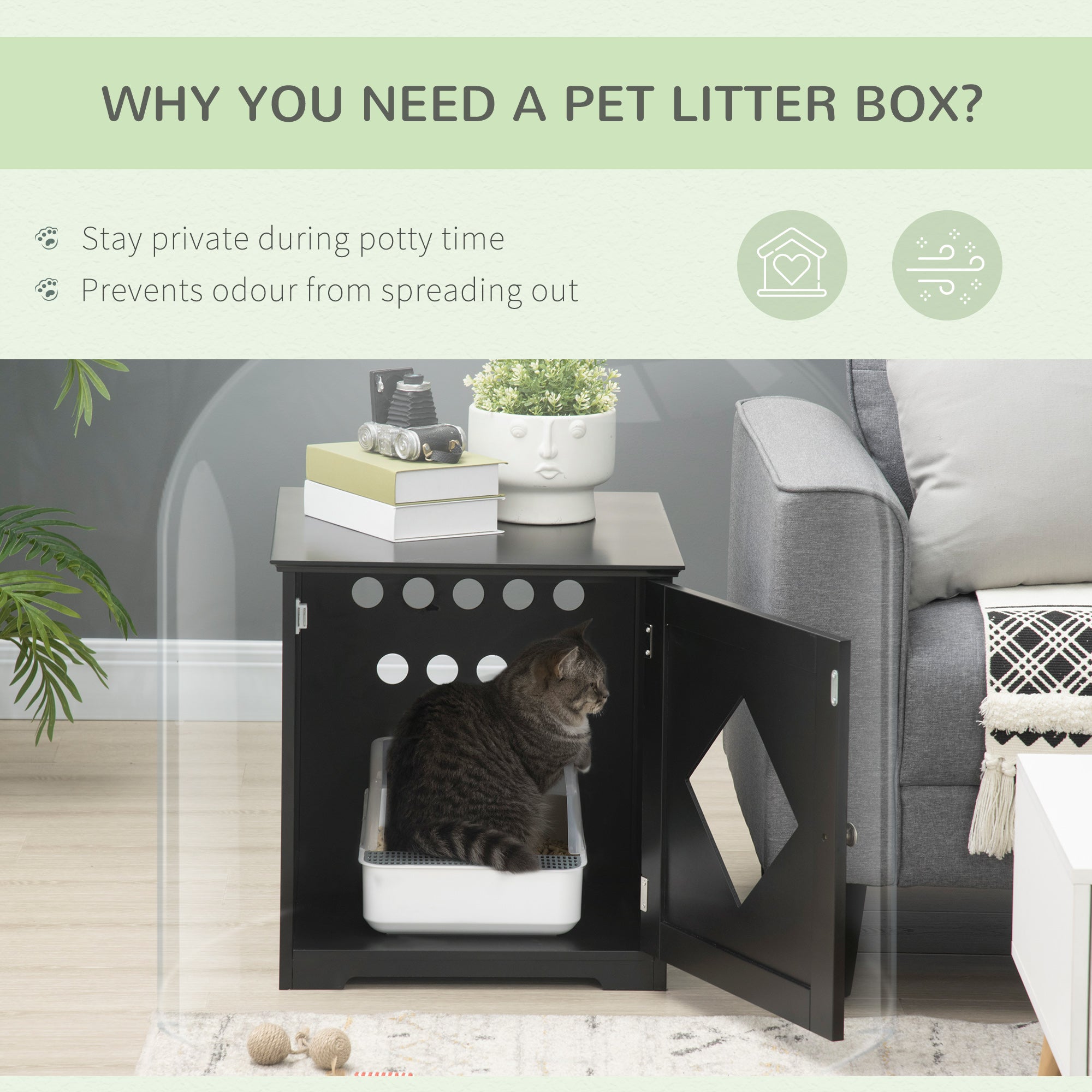 Meuble d’appoint pour bac à litière pour chat, toilettes intérieures pour chat avec porte magnétique, table de chevet dissimulant le bac à litière avec grand plateau, montage facile, noir