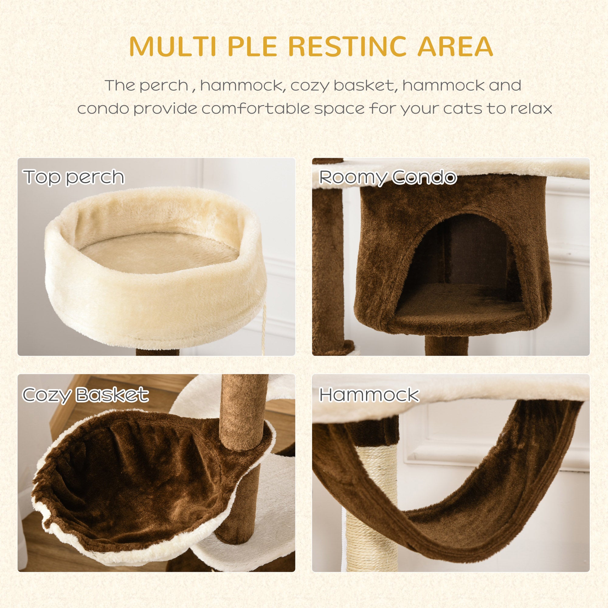 Arbre à griffer pour chat de 60", condo avec couchage, poteau, maison, meubles et jouets pour animaux – marron et beige