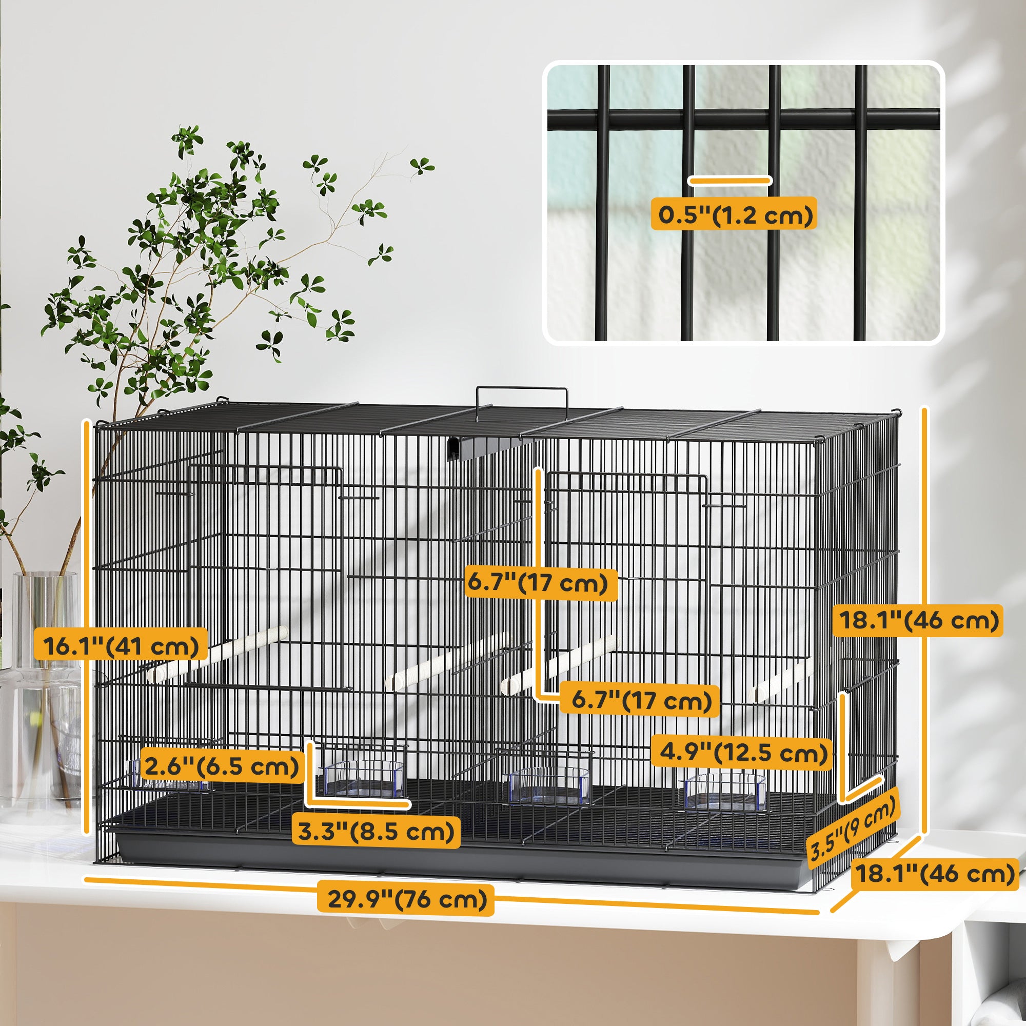 18" H Bird Cage, Large Parakeet Cage for Budgie, Lovebird, Canary, Finches with Divider, Black
