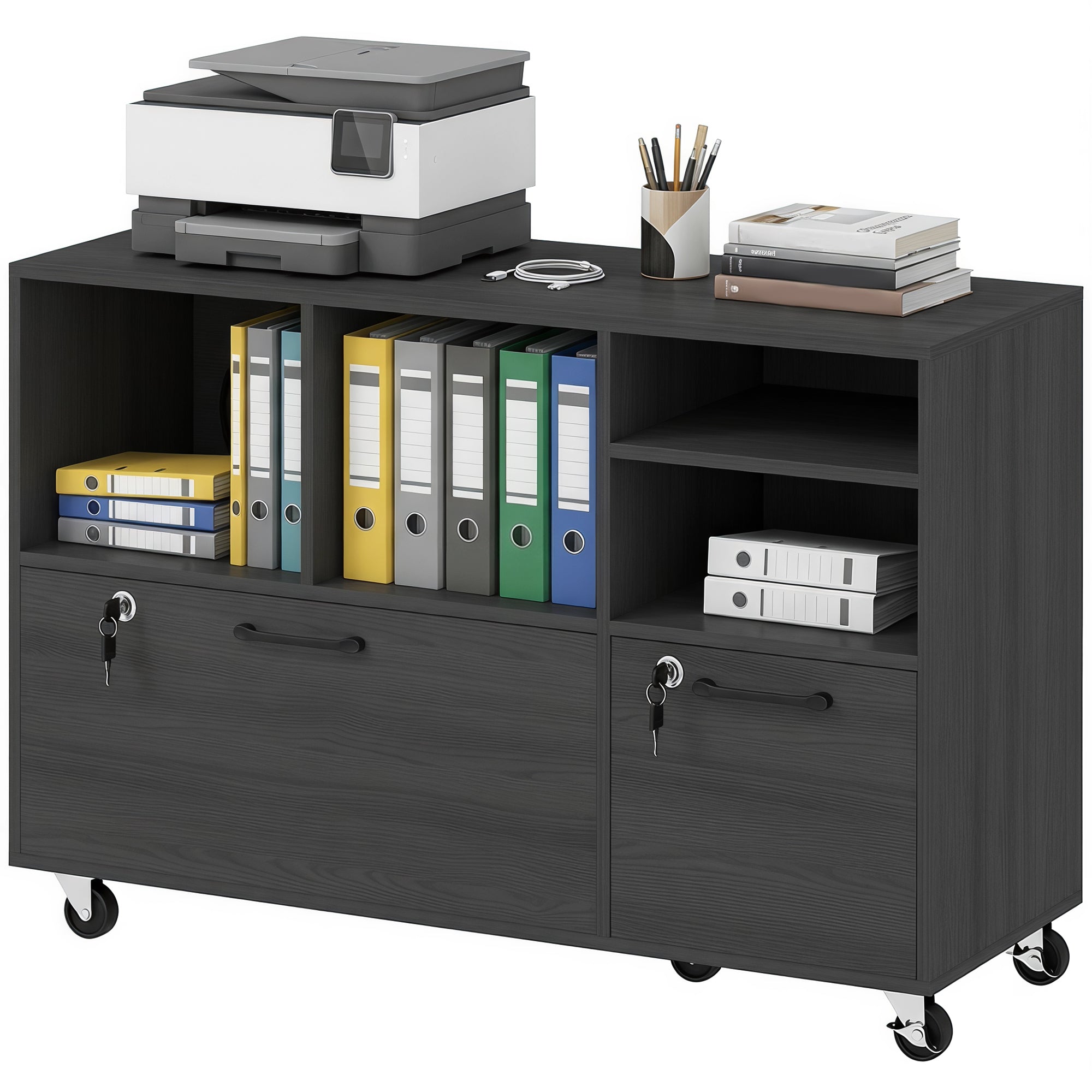 2-Drawer Mobile File Cabinet with Charging Station - Black