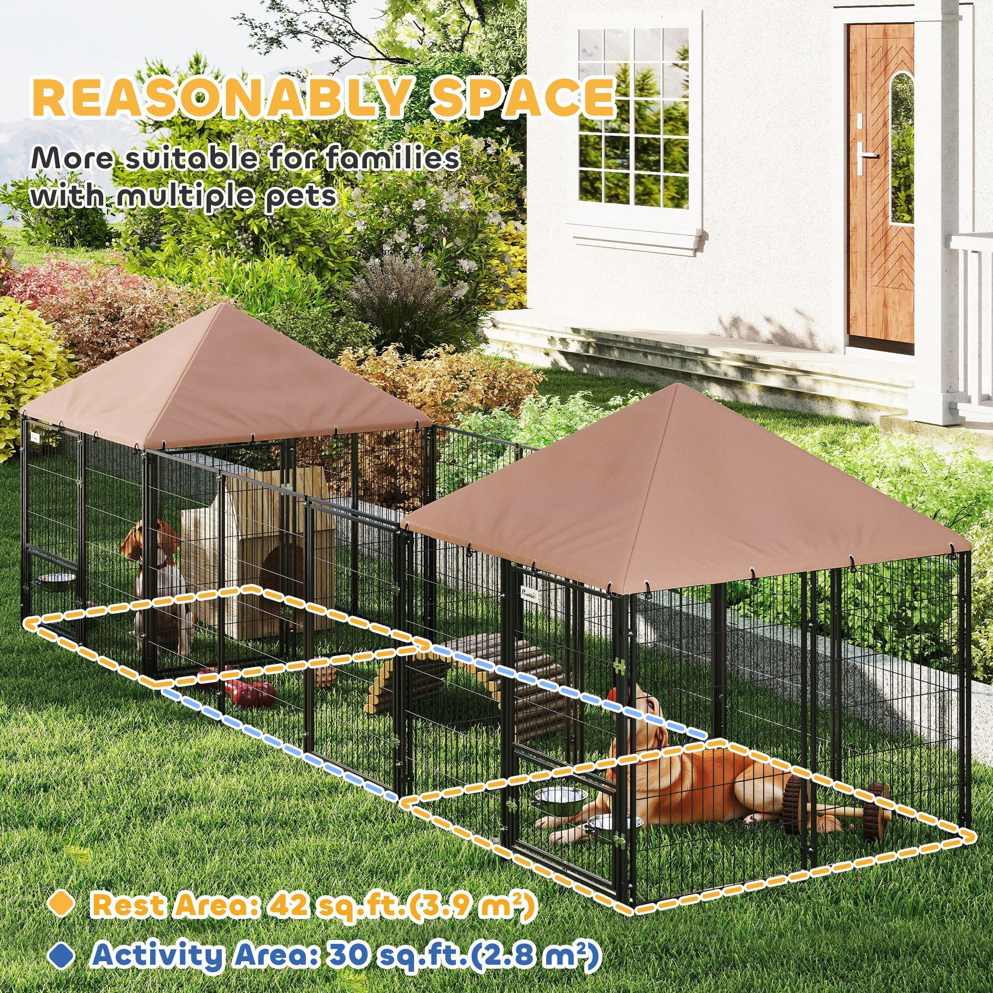 Outdoor Dog Kennel with 2 Rooms, Rotating & Adjustable Height Bowls, Waterproof UV-Resistant Cover, 16.2' x 4.7' x 5.1'
