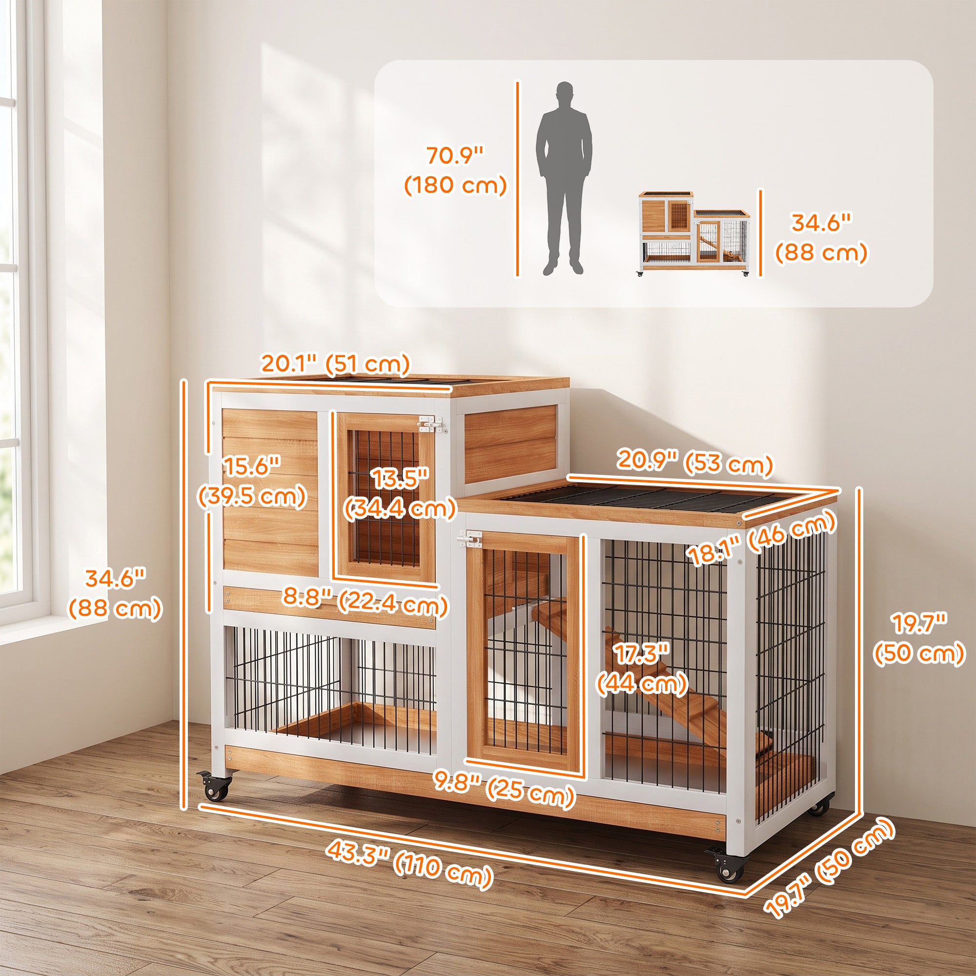 Wooden Rabbit Hutch, Indoor Bunny Cage with Wheels, Pull Out Trays, Run, Yellow
