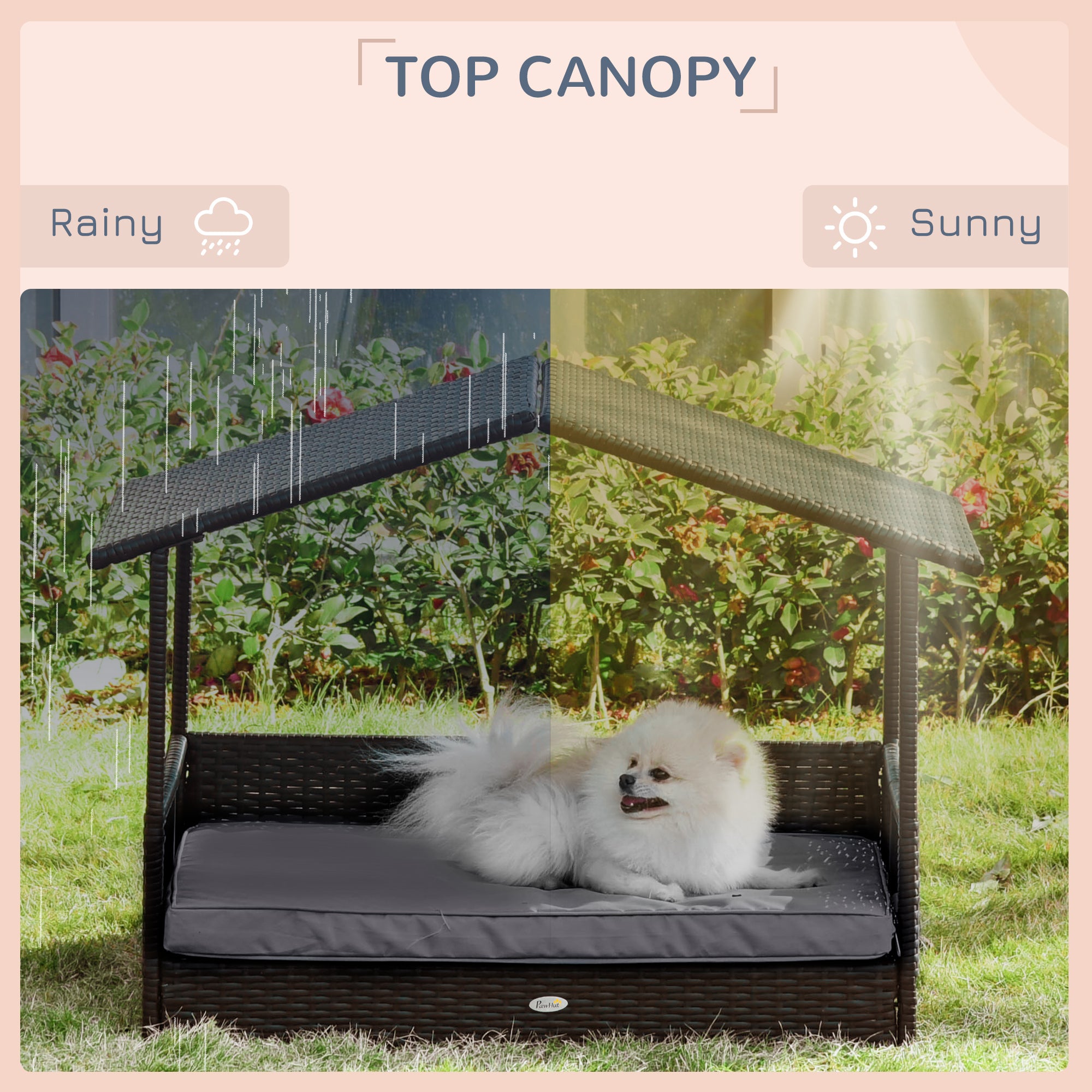Rattan Dog House with Canopy, Wicker Dog Bed with Water-Resistant Cushion, for Small and Medium Breeds Grey