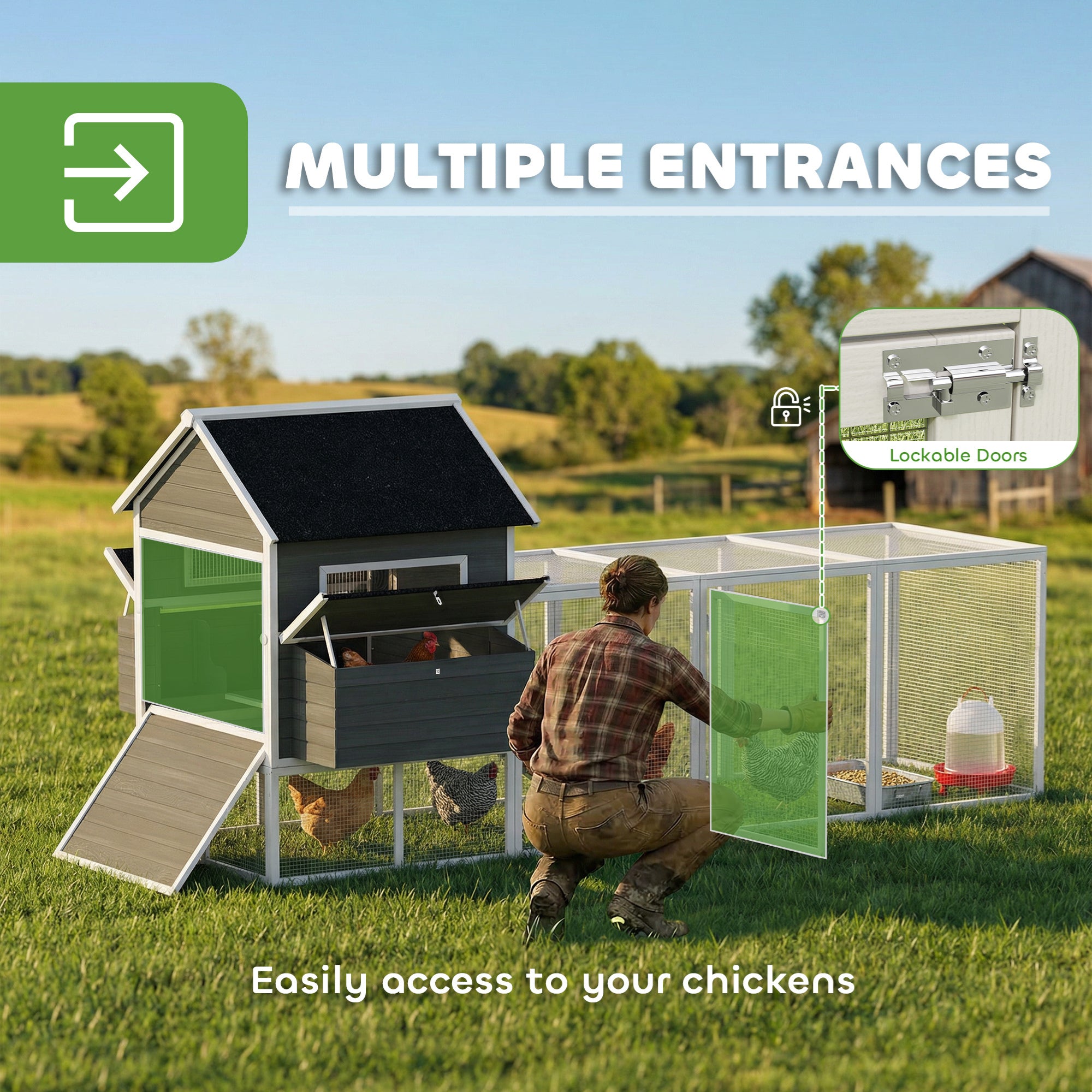 137" Wooden Chicken Coop with Chicken Run, Nesting Box, Dark Grey