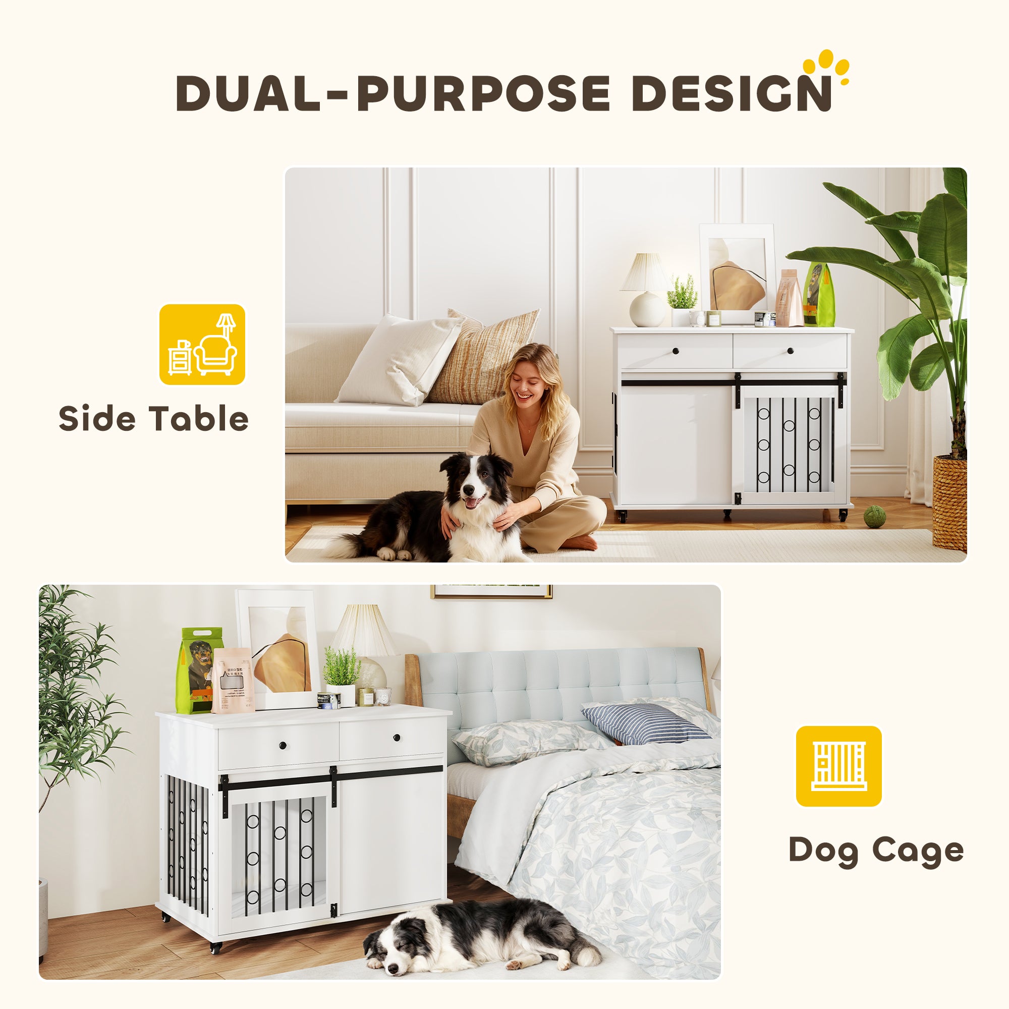 39" Dog Crate Furniture, Dog Kennel Indoor with 2 Drawers, Wheels, Sliding Door, Dog Cage for Medium Large Dogs, Oak