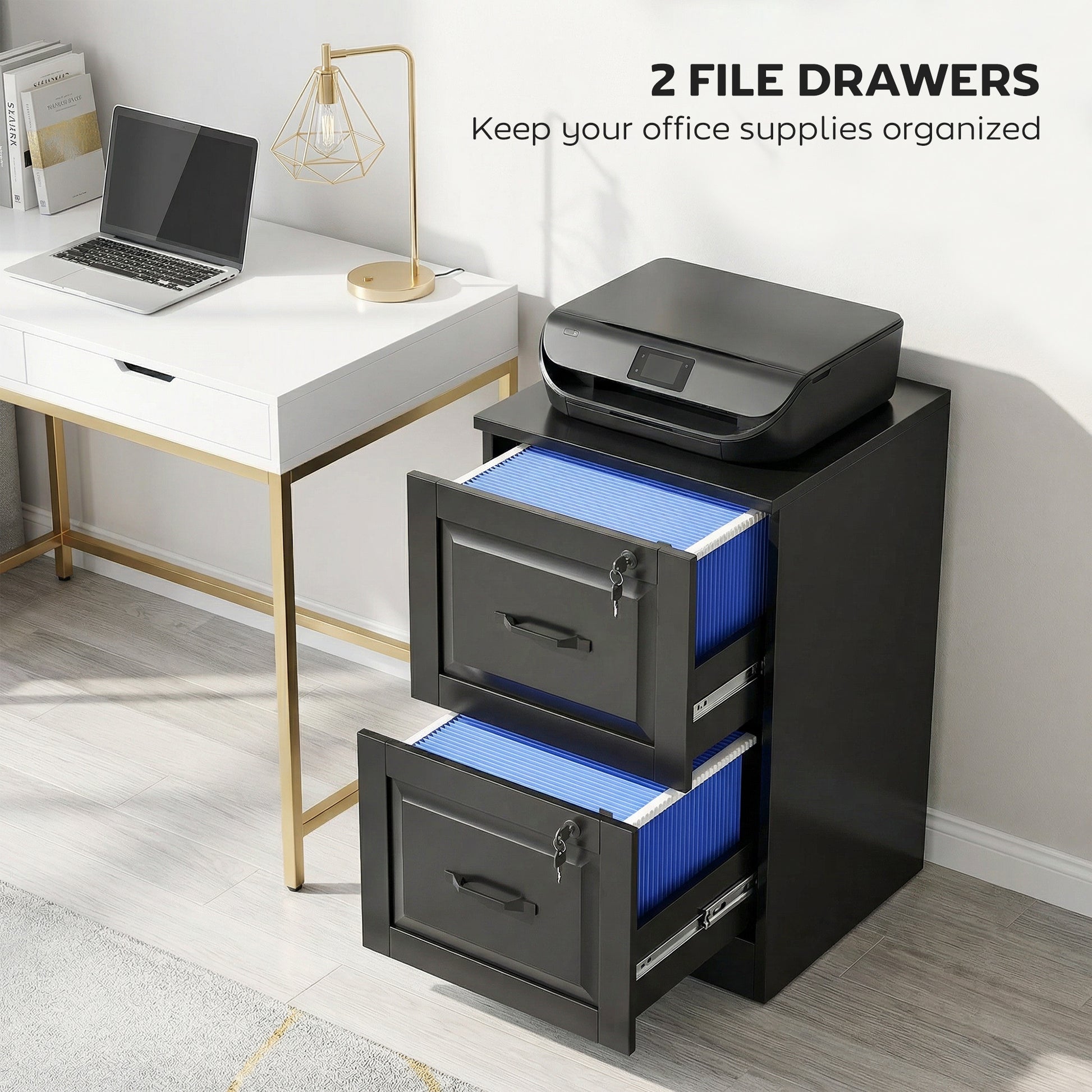 2 Drawer File Cabinet with Lock, Vertical Filing Cabinet with Adjustable Hanging Bars for A4 and Letter Size, Black-Office Products > Office Furniture > Office Cabinets & Cupboards-DECOROLALA