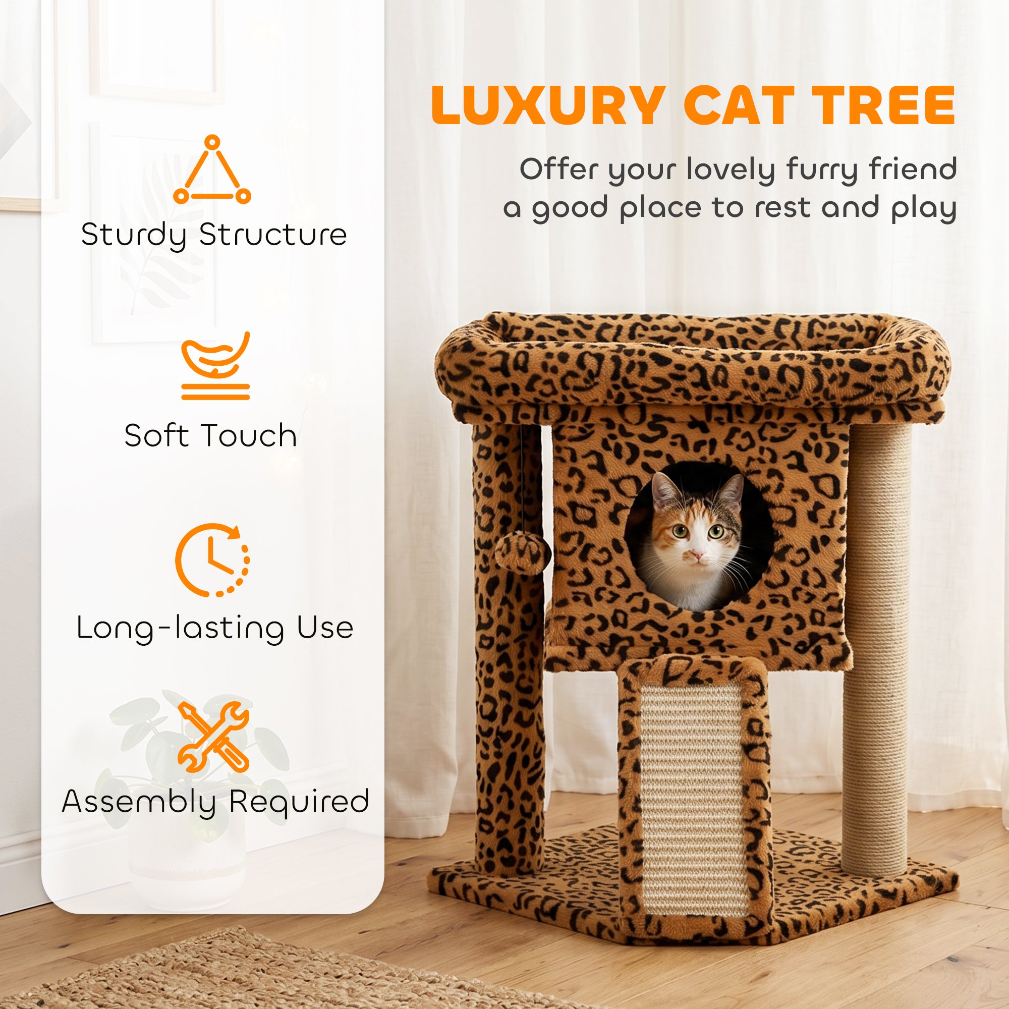 Cat Tree, Small Cat Tower with Perch, Scratching Post, Cat Condo, Toy Ball for Kitty, Leopard Print