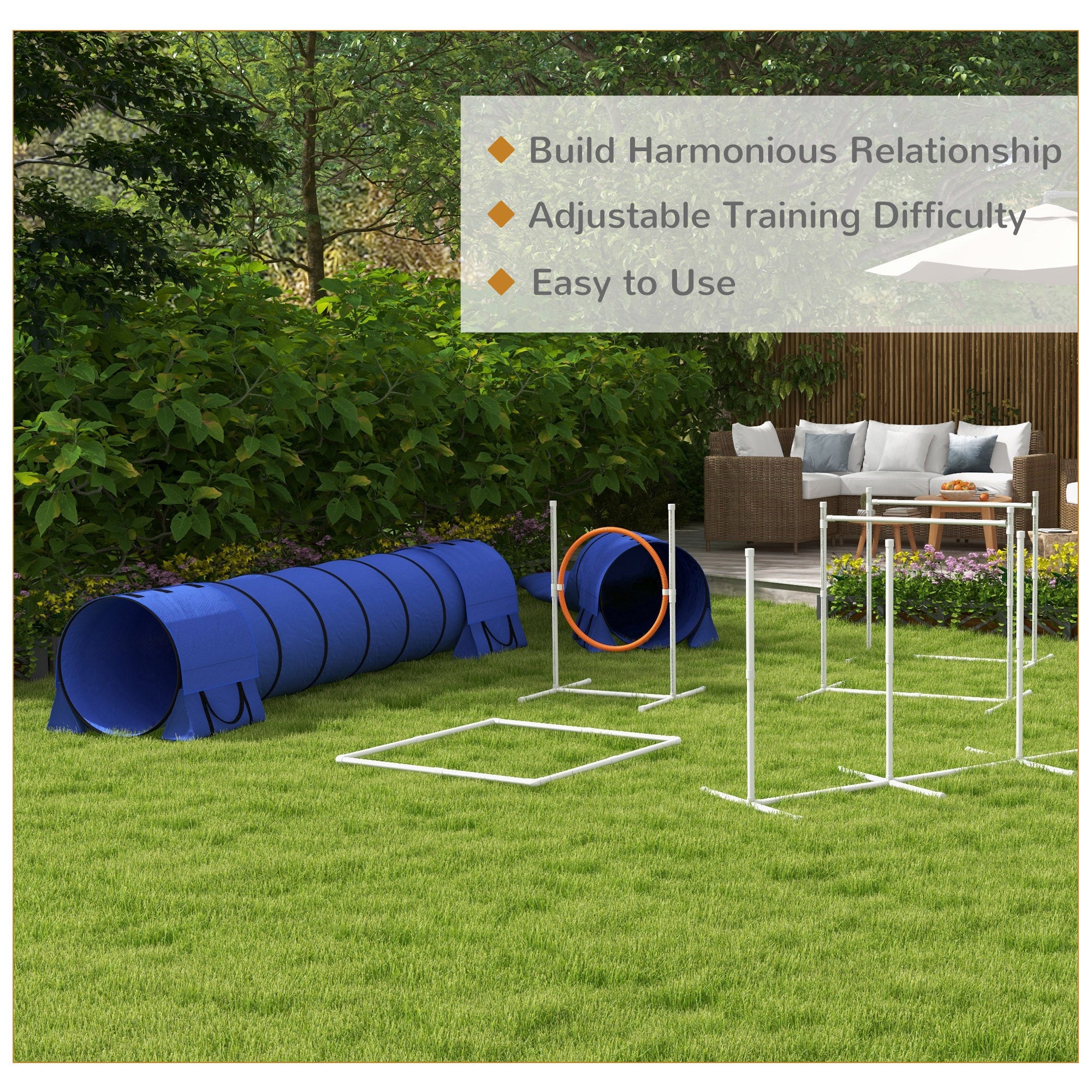Kit d’agilité pour chien de 7 pièces avec tunnels, poteaux de slalom, haies réglables, anneau de saut, boîte de pause, sifflet et sac de transport, bleu