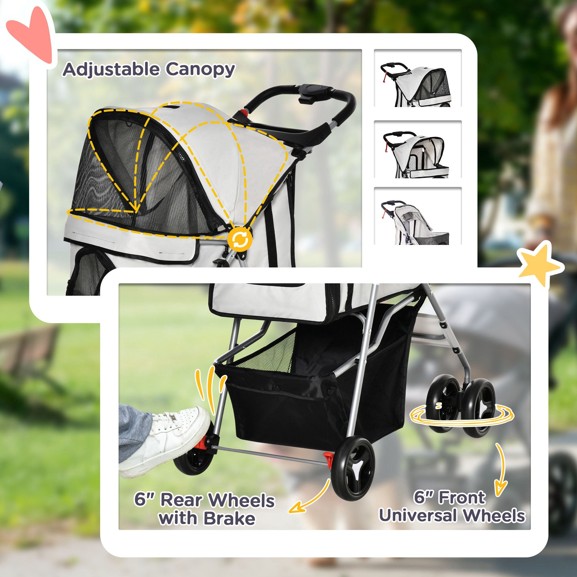 Cat Dog Stroller, One-click Foldable Pet Stroller w/Cup Holder, 4 Wheels Travel Carrier w/Brakes, 360° Swiveling Front Wheels, Storage Basket, for XS/Small Dogs Cats, Grey