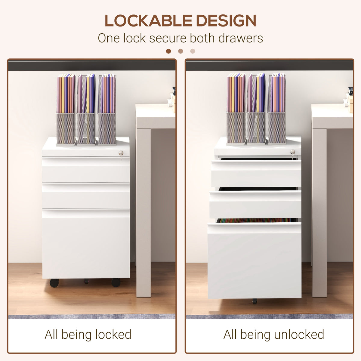 3-Drawer Steel File Cabinet with Lock - White 23.6"H