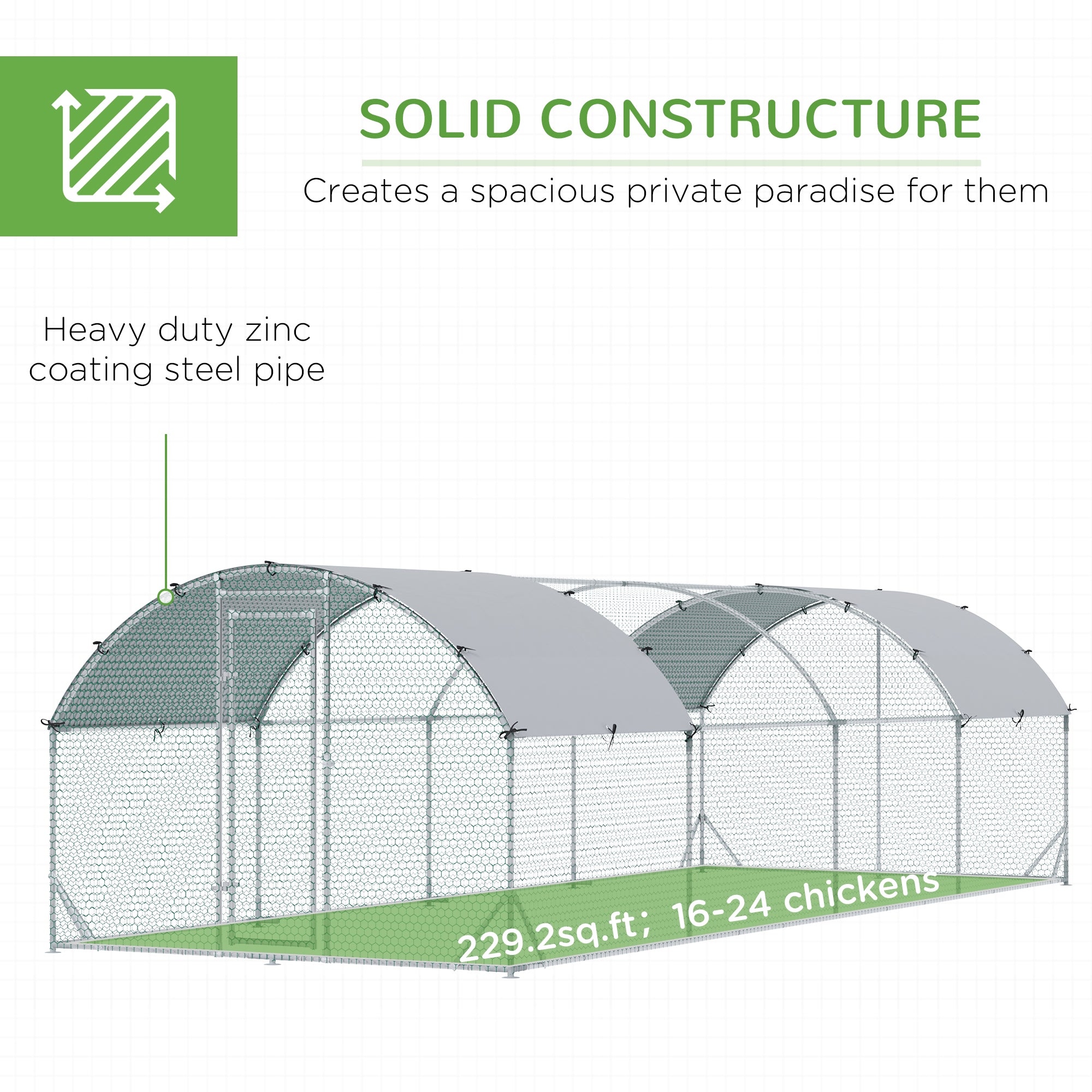 Grand poulailler-cage en métal galvanisé avec enclos accessible, parcours pour volailles, maison de jeu et clapier à lapins avec couverture pour extérieur et jardin, 9,2' x 24,9' x 6,5', argenté