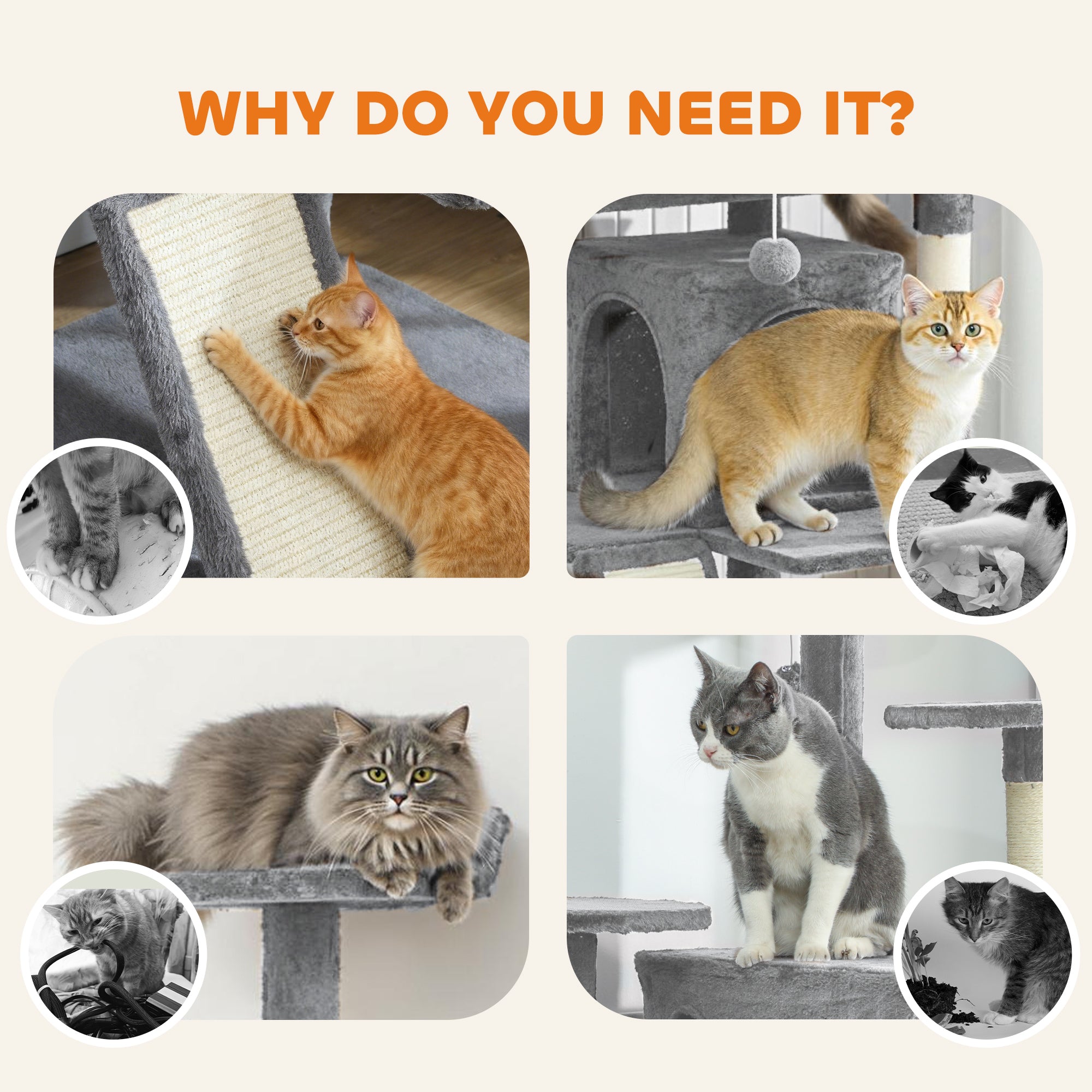54" Cat Tree, Multi-Level Cat Tower with Scratching Posts, Cat Condos, Bed, Platforms, Ramp, Toy Ball, Light Grey