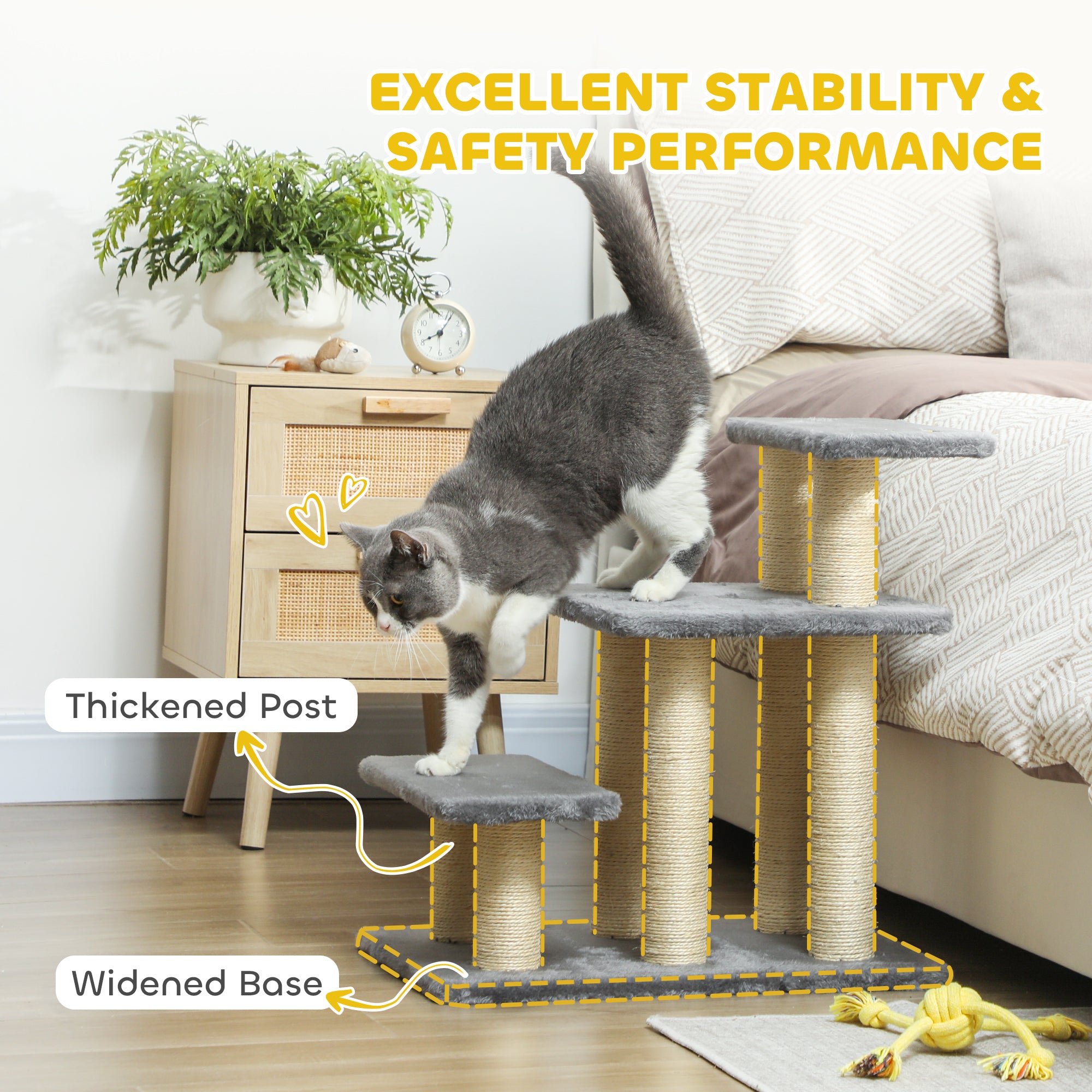 Cat Stairs with 2 Sisal Scratching Post for High Bed Couch, Adjustable 3-Tier Pet Stairs, White & Grey