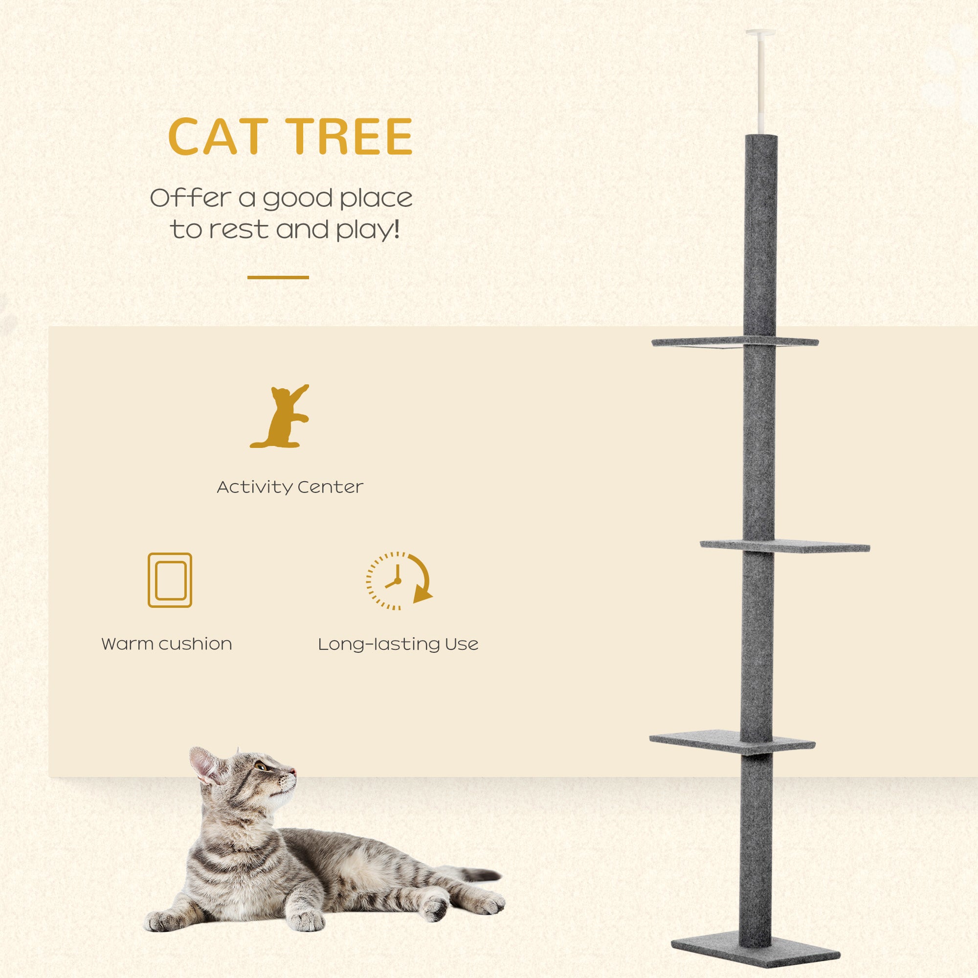 100" Floor To Ceiling Cat Tree w/ 3 Perches Activity Center for Kittens Cat Tower Furniture, Grey