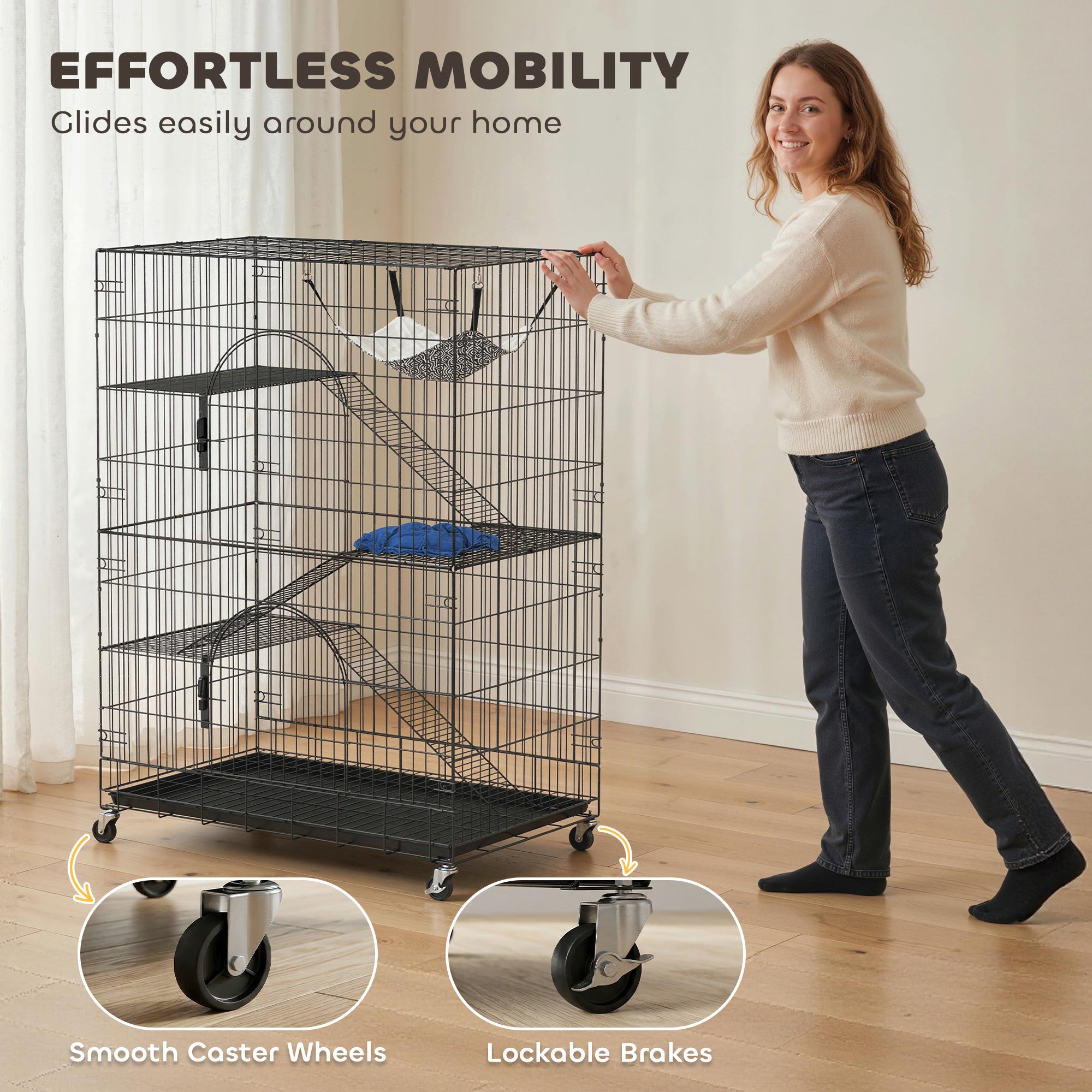 4-Tier Cat Cage, Large Cat Enclosure with Lockable Wheels, Tray, Hammock, Bed, 3 Ramp, 3 Platforms for 3-5 Kittens