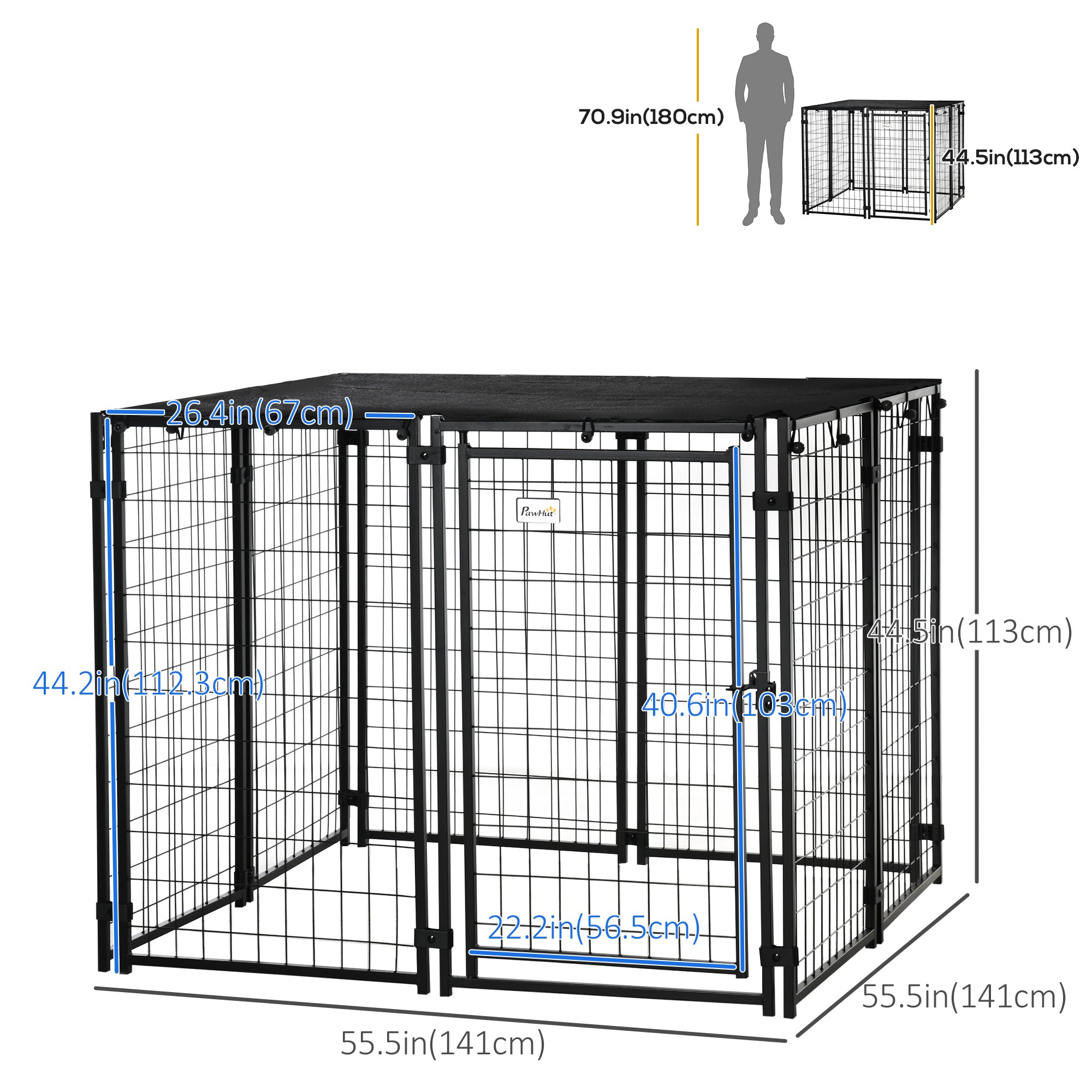 Chenil extérieur pour chien, parc-cage verrouillable pour animal avec couverture supérieure, noir