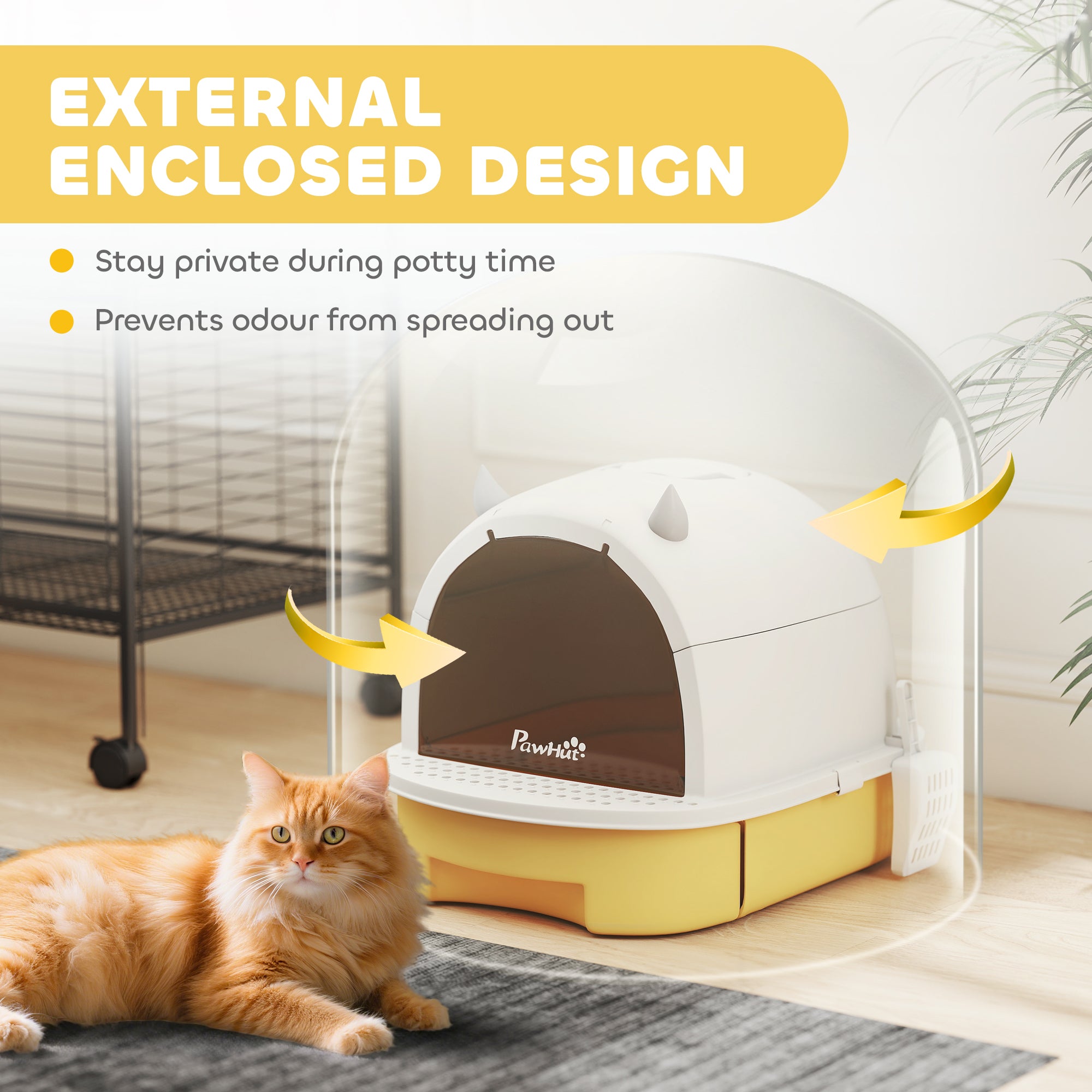 Cat Litter Box with Lid, Front Door Flap, Scoop, Handle, Easy Clean, for Small and Medium Cats, Yellow