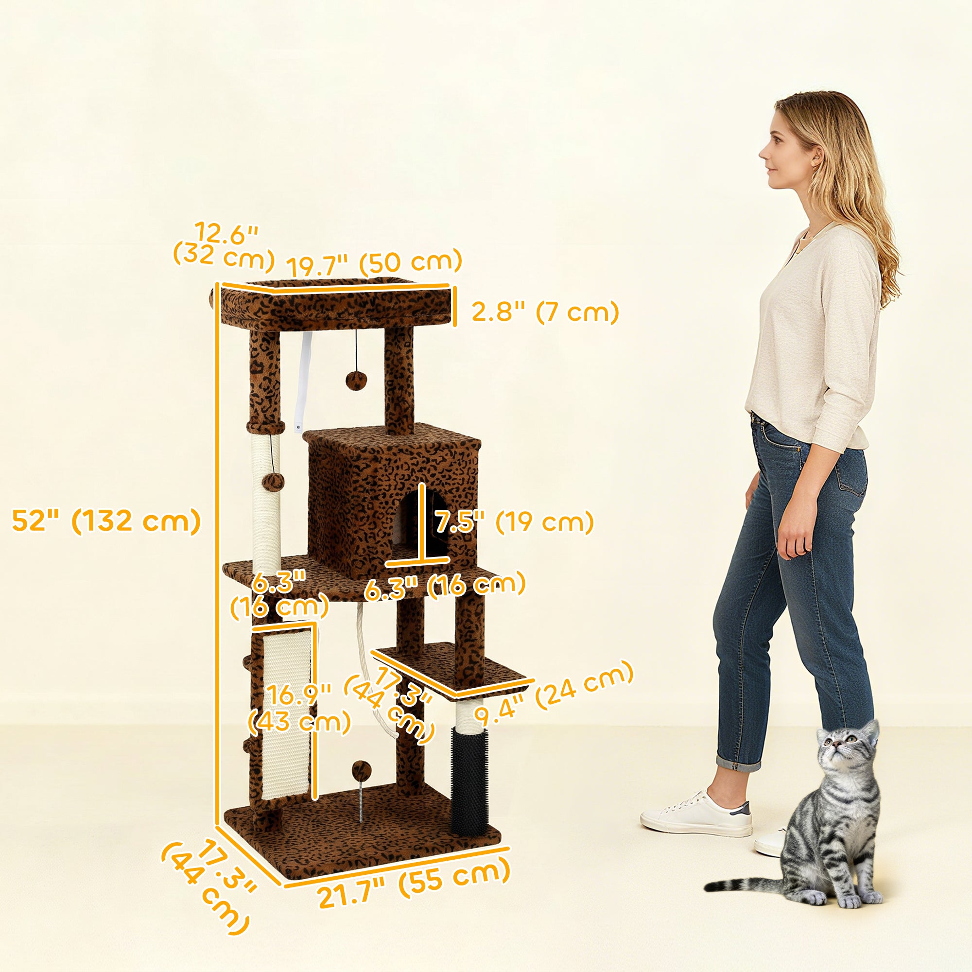 Arbre à chat de 52 pouces avec griffoirs, couchage, niche, plateformes de saut, balles de jeu et kit anti-basculement