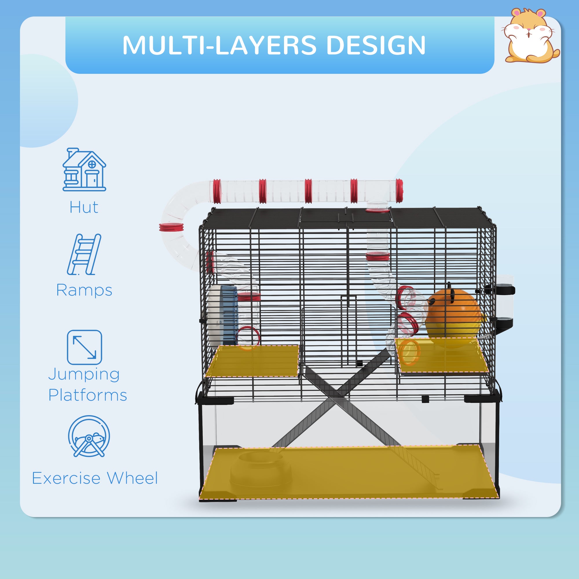 Hamster Cage with Deep Glass Bottom, Tunnel Tube System, Platforms, Hut, Exercise Wheel, Water Bottle, 24" x 16" x 22"