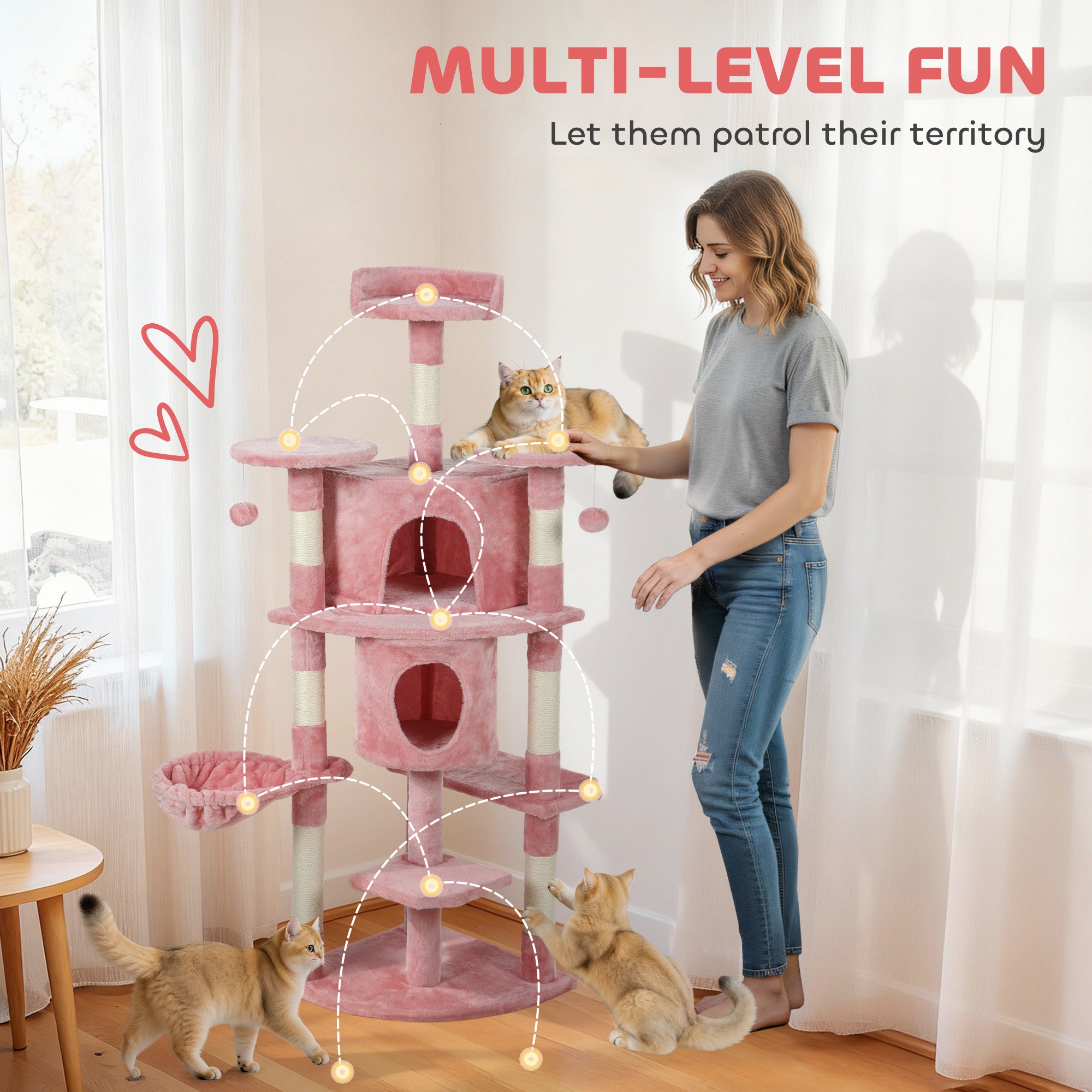62" Cat Tree with Scratching Post, 2 Condos, Hammock, Perches, Plush, Pompoms, for Indoor Cats, Pink
