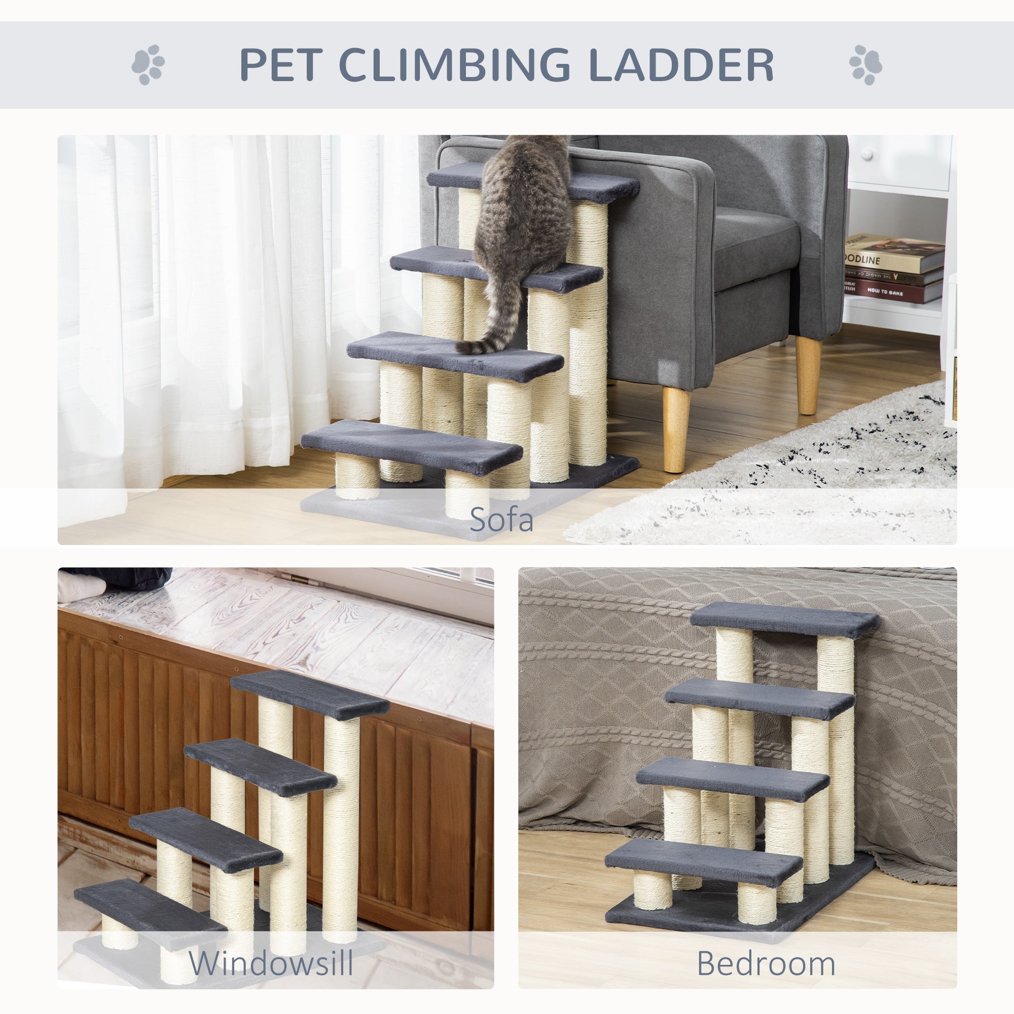 Arbre à chat à 4 niveaux, escalier pour animaux, 4 marches pour chiens et chats, poteau à griffer pour chatons, meuble à griffer pour chats, gris foncé