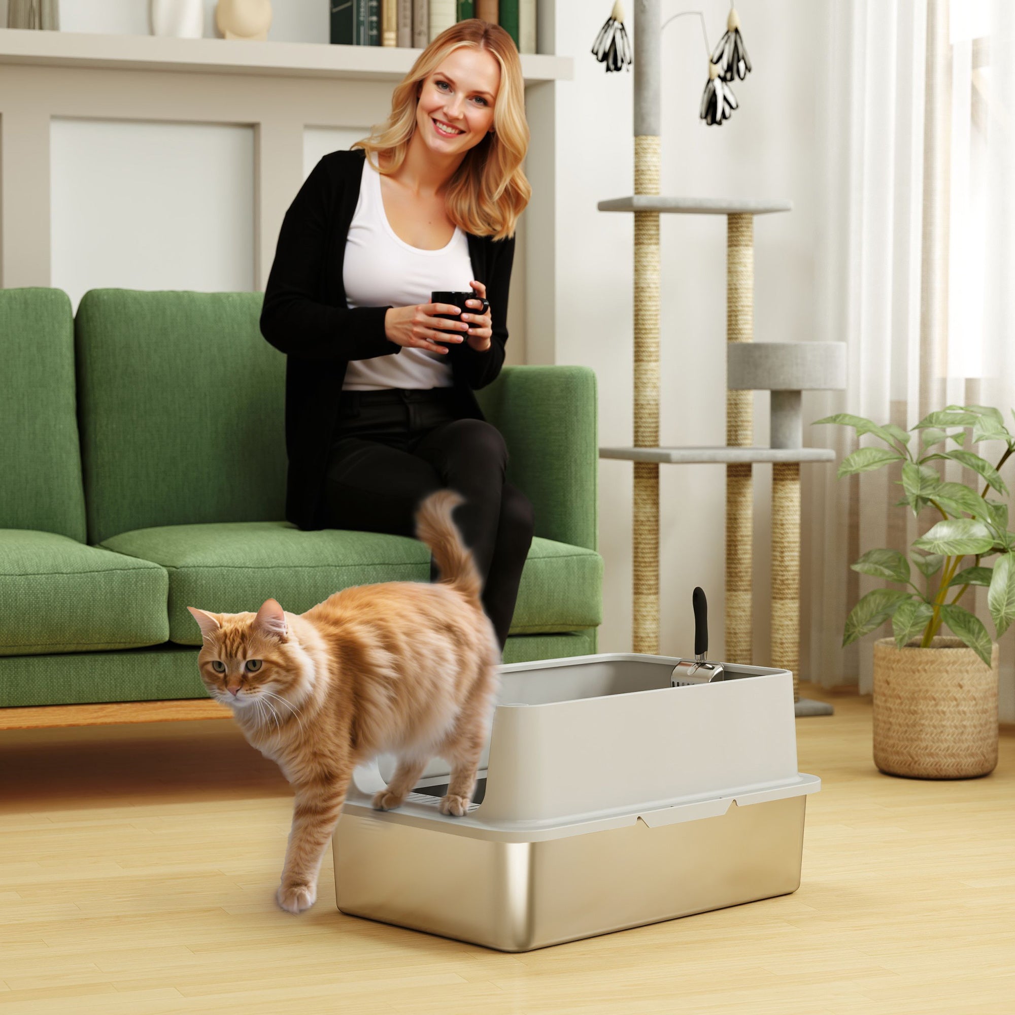 XL Stainless Steel Cat Litter Box for Big and Multiple Cats with High Wall Side, Scoop, Easy Cleaning & Odor Free